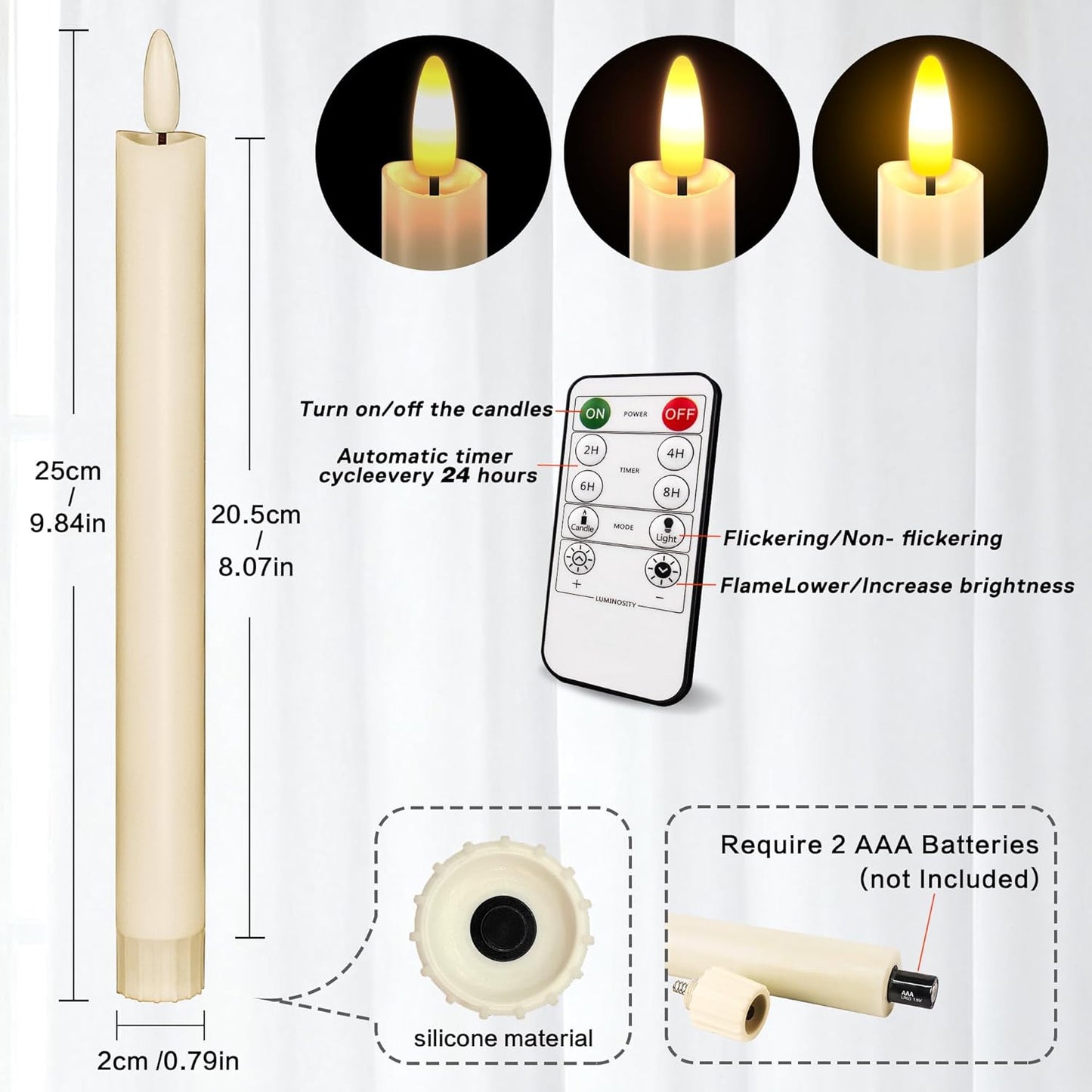 Flameless Taper Candles with Remote, 500H Battery Operated Tapers Candle, Led Flickering Flameless Candlesticks Classic Tall Taper Candles for Christmas Home, Wedding, Party, 9.8 inches (Ivory)