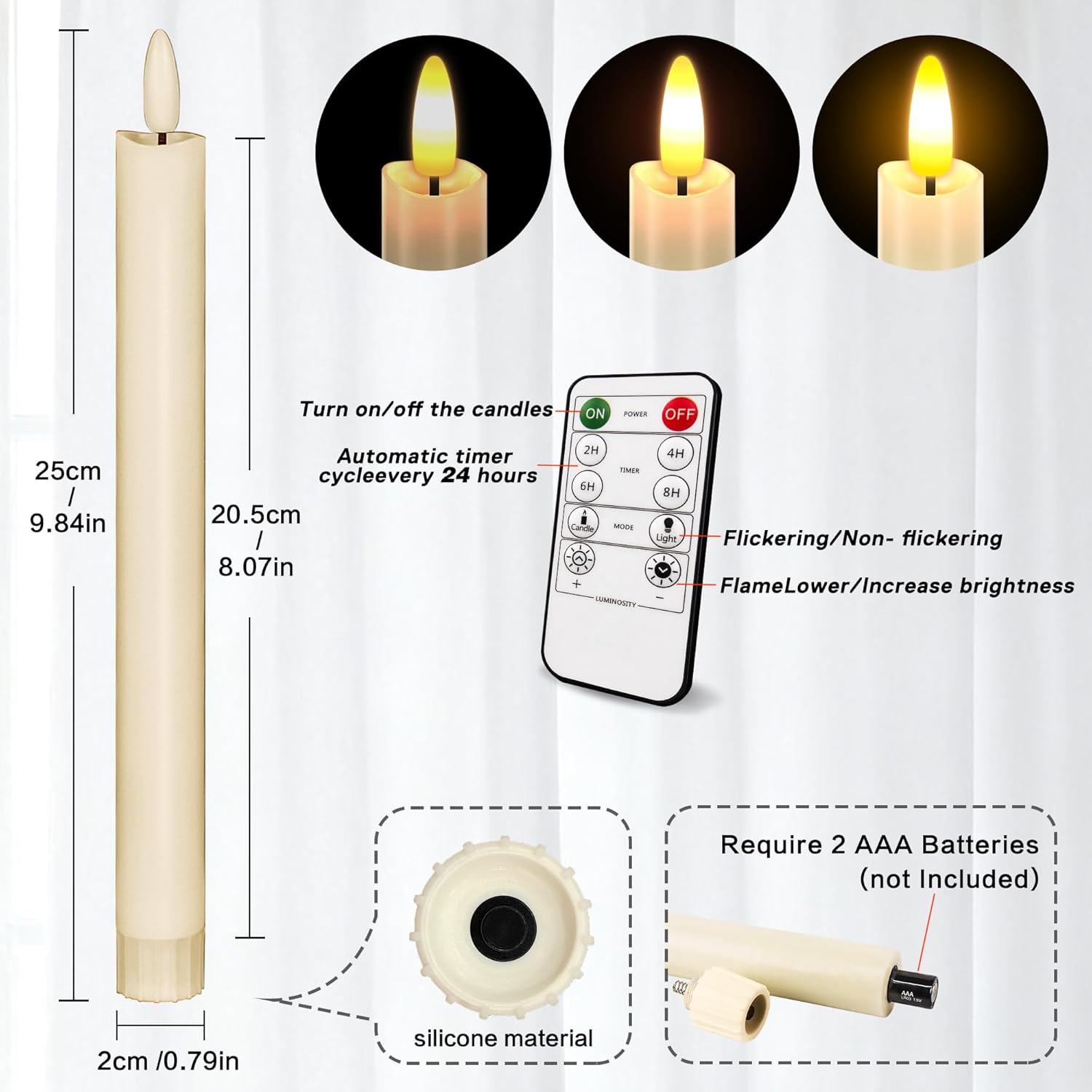 Flameless Taper Candles with Remote, 500H Battery Operated Tapers Candle, Led Flickering Flameless Candlesticks Classic Tall Taper Candles for Christmas Home, Wedding, Party, 9.8 inches (Ivory)