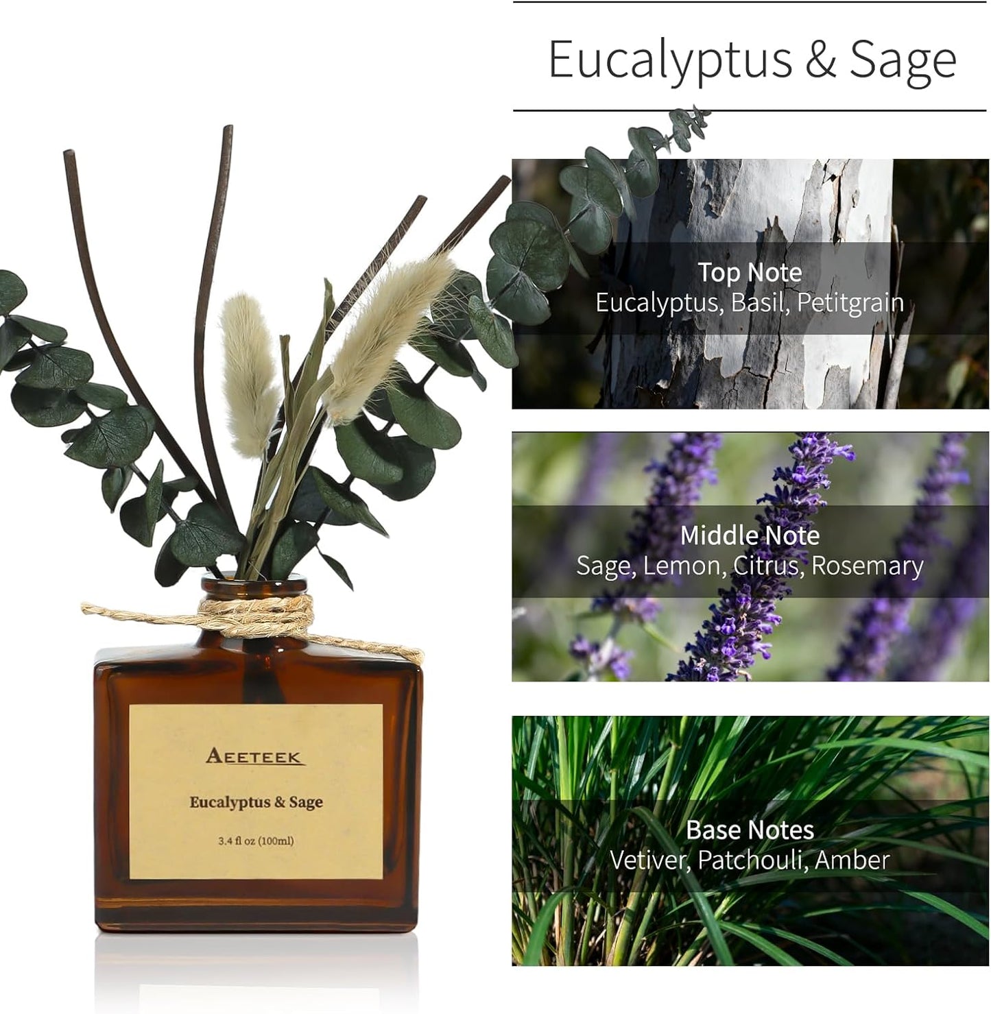 Reed Diffuser, Sage & Eucalyptus Essential Oil Diffuser for Bathroom, 3.4 oz Scented Diffusers, Long-Lasting Fragrance for Home Decor with Dried Flowers