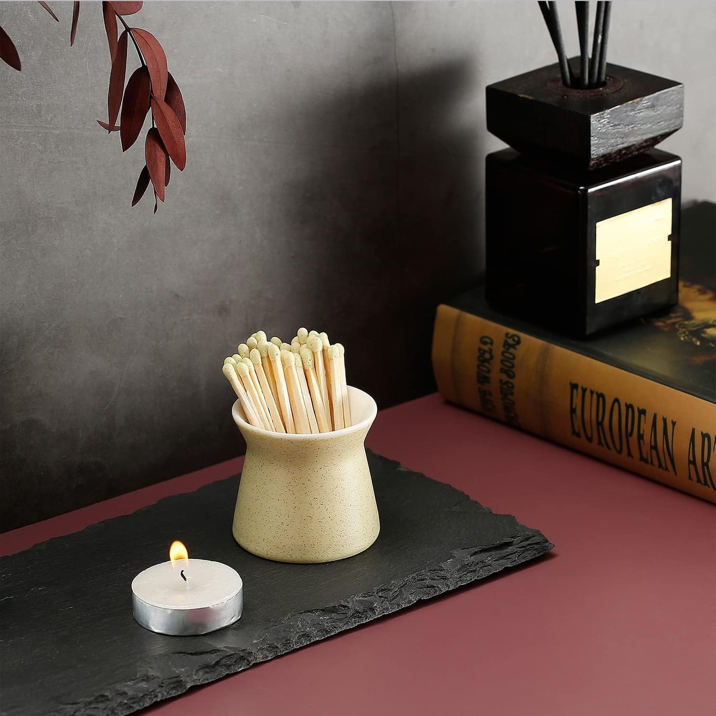 2 Pack Match Holder with 6 Pcs Strikers, Handmade Ceramic Match Box for All Matches, Cute Home Decor Match Jar with Striker for Candle, Fireplace, Parlor. (Sold Without Matches) (Off White)