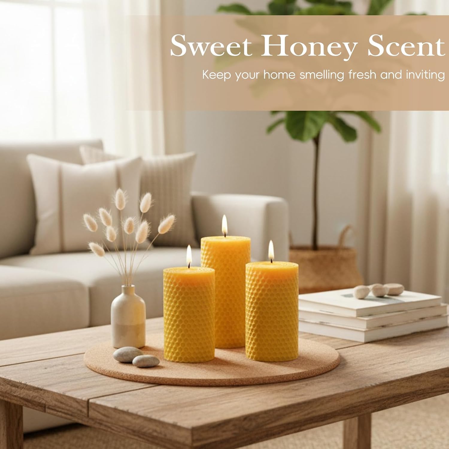 Beeswax Candles 3x6 Inch, 4 Pack Beeswax Pillar Candles for Home, 45 Hours Burn Time Natural Pure Bees Wax Candle for Air Purify, Gift Sending Meditation