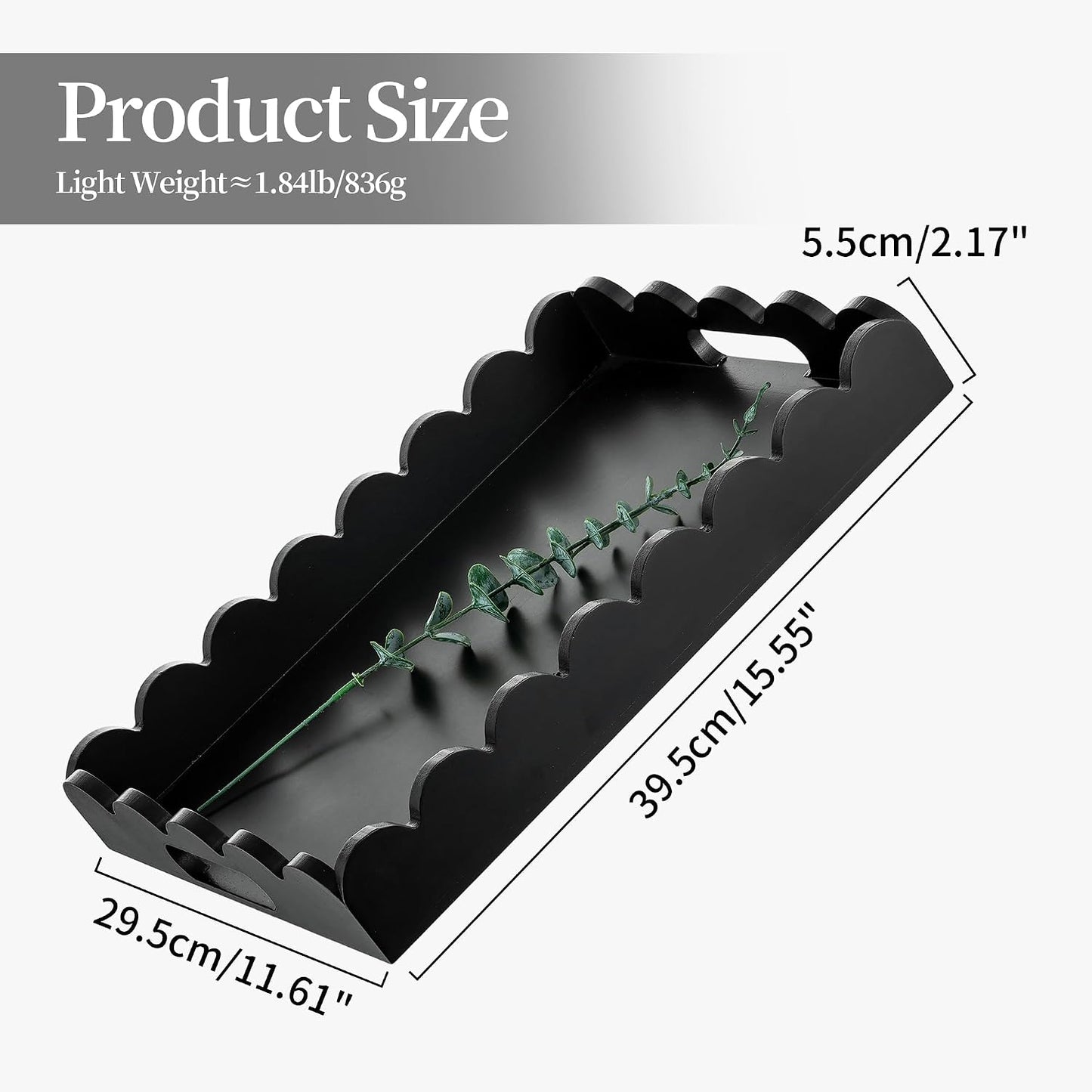 Hanobe Decorative Tray for Coffee Table: Serving Tray Decor with Scalloped Edge - Black Entryway Decor for Living Room Kitchen Counter