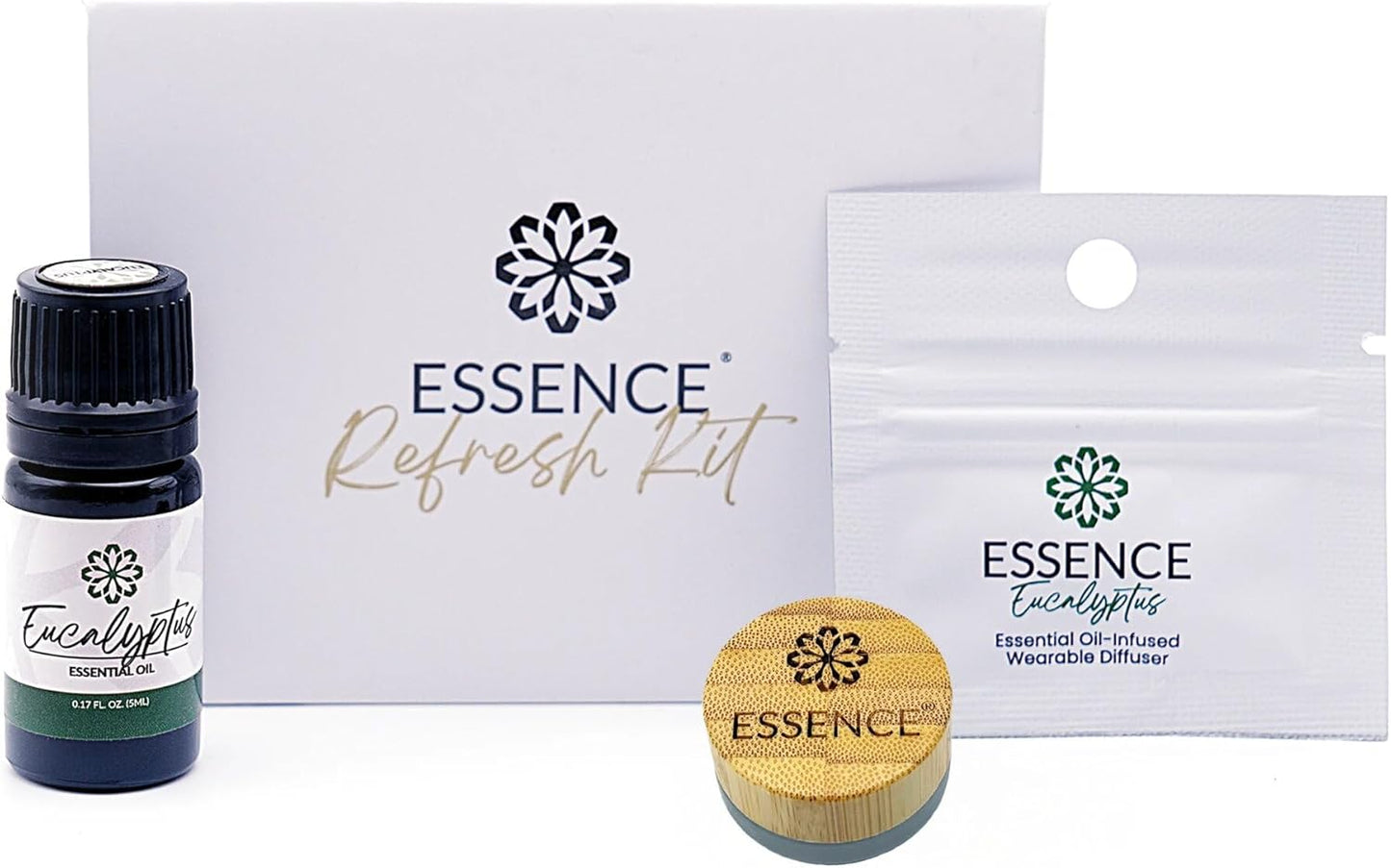 Essence Refresh Kit | Solid Scents Essential Oils | Aromatherapy Nasal Diffuser | Personal Scent Clip for Travel, Work & Everyday Use | Made in USA | Eucalyptus | Bamboo/Glass Pod