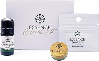 Essence Refresh Kit | Solid Scents Essential Oils | Aromatherapy Nasal Diffuser | Personal Scent Clip for Travel, Work & Everyday Use | Made in USA | Eucalyptus | Bamboo/Glass Pod