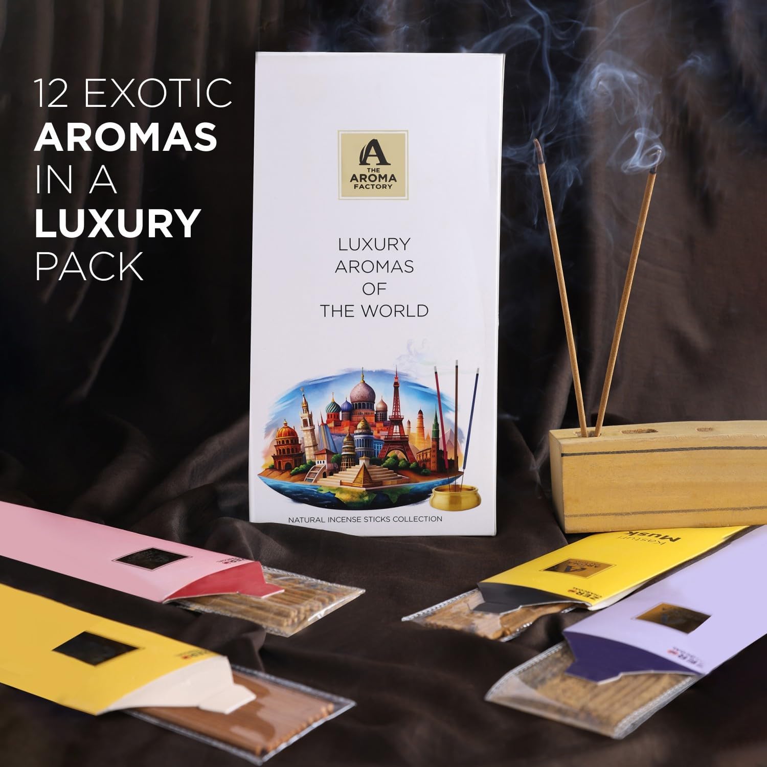 The Aroma Factory Natural Incense Sticks Combo Gift Set with 12 Exotic Agarbatti Fragrances [Artisinal Collection Luxury Aromas of The World] 240 gm