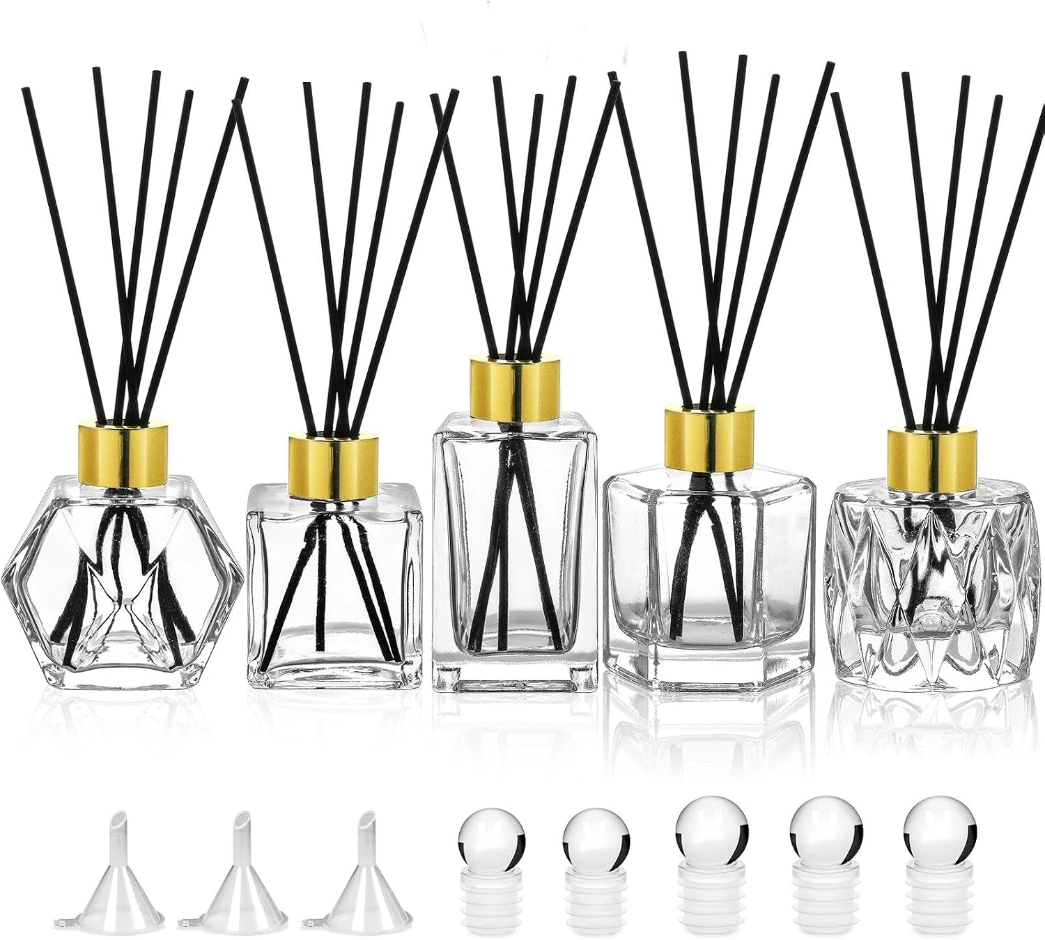 Diffuser Glass Bottles Set of 5 DIY Empty Clear Glass Fragrance Bottle with Gold Caps Reeds Sticks Vase Decorative Diffusers for Home Office Desk Decoration Wedding Replacement Girl Women