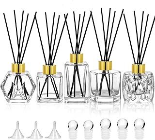 Diffuser Glass Bottles Set of 5 DIY Empty Clear Glass Fragrance Bottle with Gold Caps Reeds Sticks Vase Decorative Diffusers for Home Office Desk Decoration Wedding Replacement Girl Women