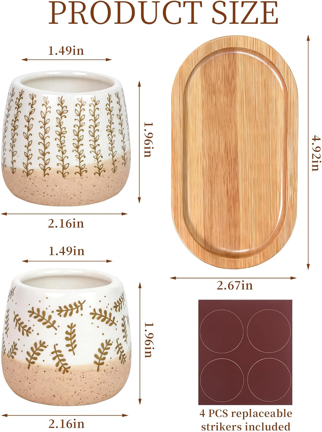 Set of 2 Hand-Drawn Botanical Ceramic Match Holders with Striker – Scandinavian Line Art Fern & Vine Pattern, Mini Matchstick Jar for Kitchen Bathroom Candle Decor, Matches NOT Included