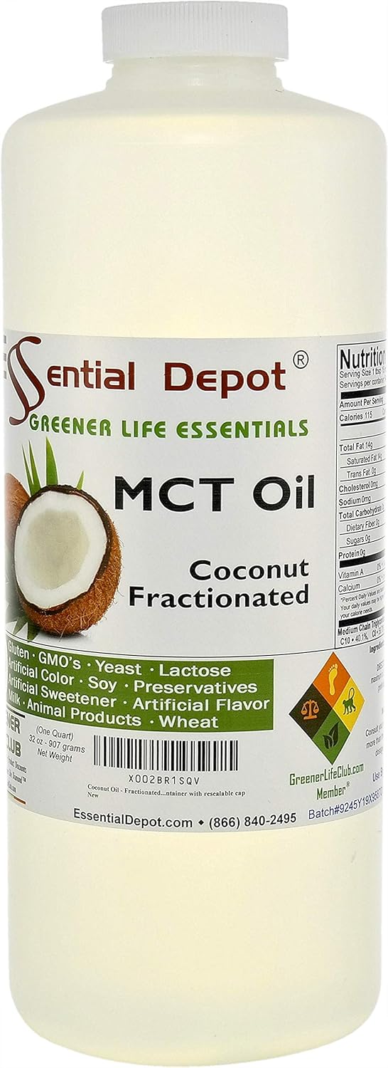 Coconut Oil - Fractionated - MCT (medium-chain triglycerides) - 1 Quart (32 oz) - liquid - Food Grade - Safety Sealed Resealable HDPE Container, Microwave Safe (remove foil seal), Freezer Safe