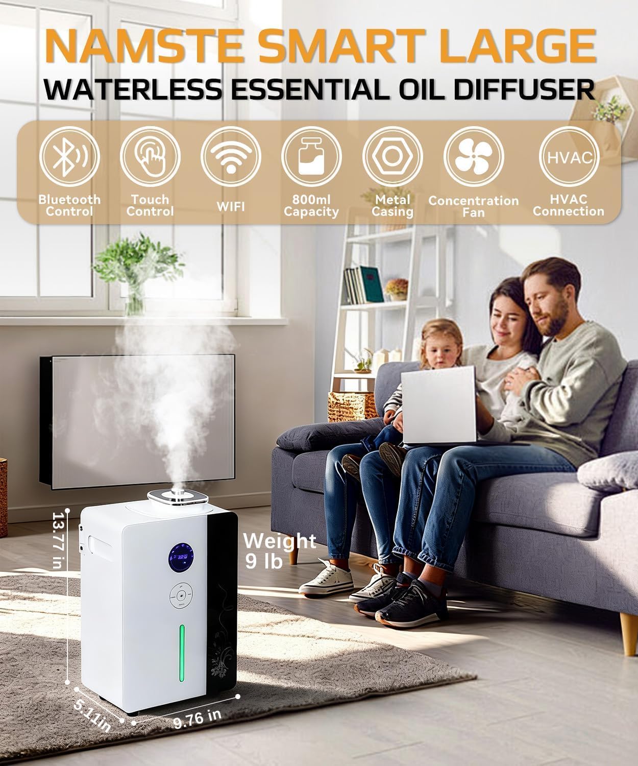 Smart Waterless Diffuser - Essential Oil Scent Coverage 6500 Sq.Ft HVAC Machine Whole House Aroma & Hotel Collection, APP & Touch Control 800ml Large Capacity Aromatherapy Metal Material