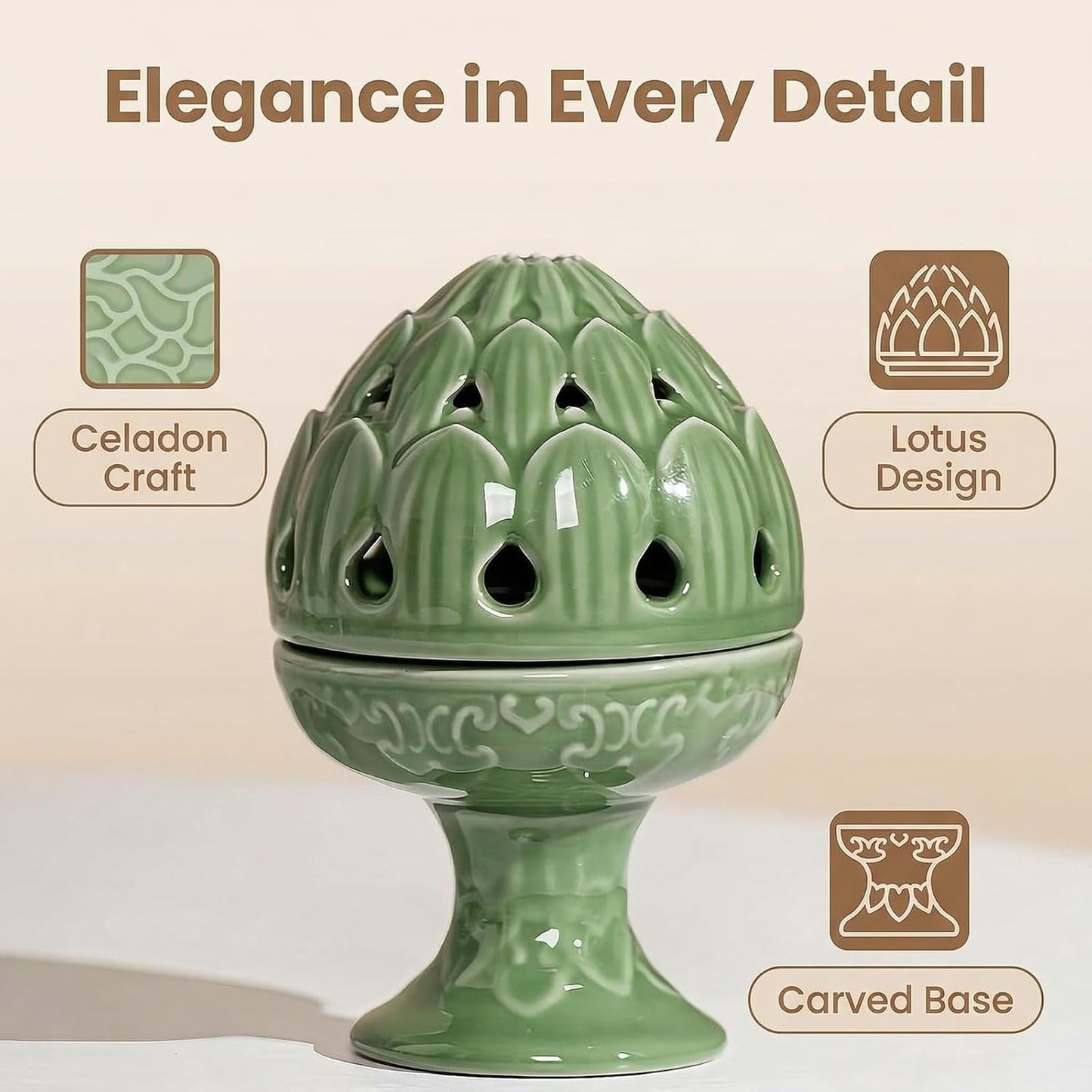 Mini Ceramic Incense Burner - Chinese Classic Plum Green Celadon Glaze, Fragrance Cone & Stick Holder Palo Santo/Sage/Herb Burner for Meditation, Yoga, Desk Decor, Zen Relaxation Gift (Lotus)