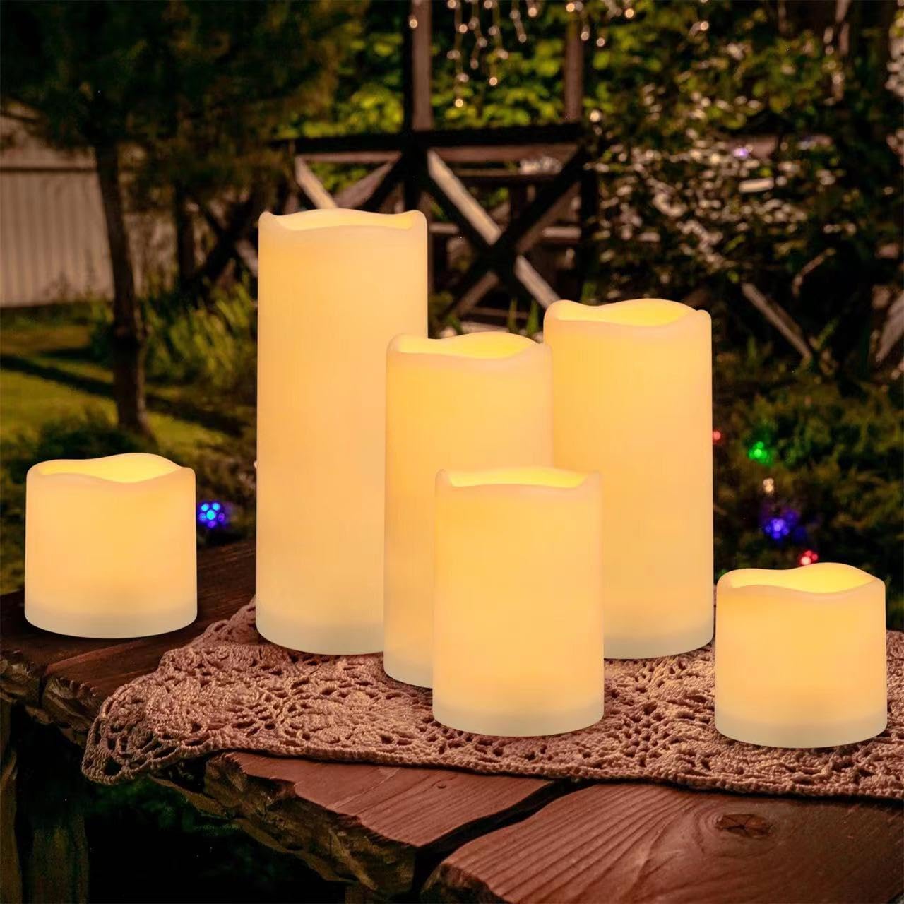 Enpornk Flameless Battery Operated Outdoor Waterproof Set of 12(D: 3" x H: 3" 4" 5" 6") Pillar LED Candles with 10-Key Remote and Cycling 24 Hours Timer