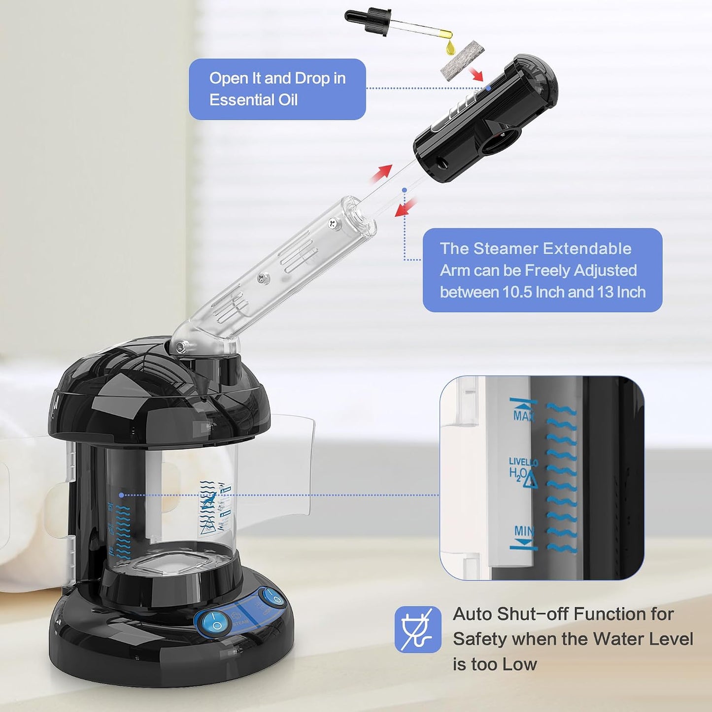 Facial Steamer - Ozone Steamer with Extendable Arm - Professional Nano Ionic Facial Steamer for Deep Cleaning - Portable for Personal Care Use at Home or Salon