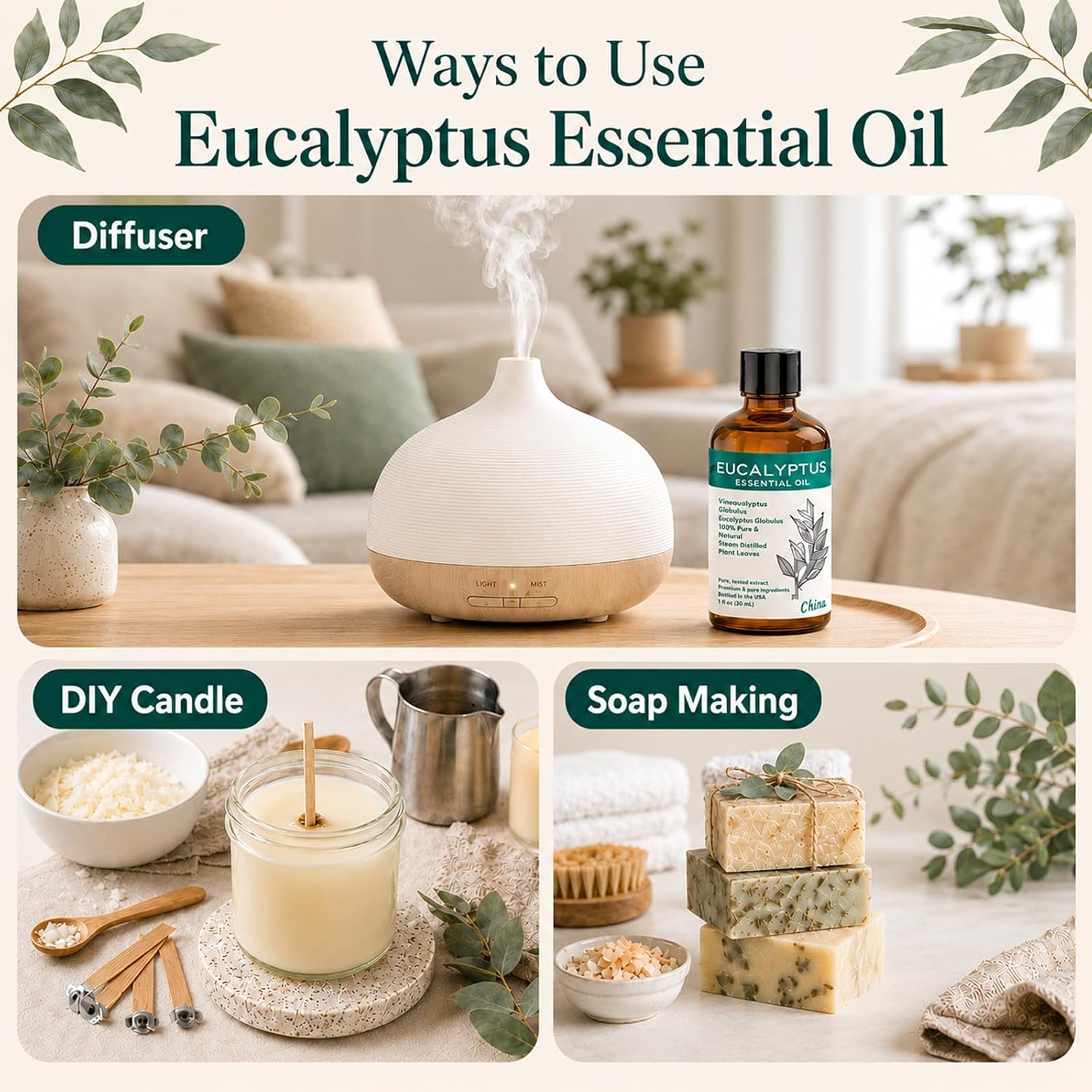 Eucalyptus Essential Oil 3.38 fl oz (100ml), Natural Eucalyptus Oil for Diffuser, Aromatherapy, Home Fragrance, Candle & Soap Making, DIY Projects