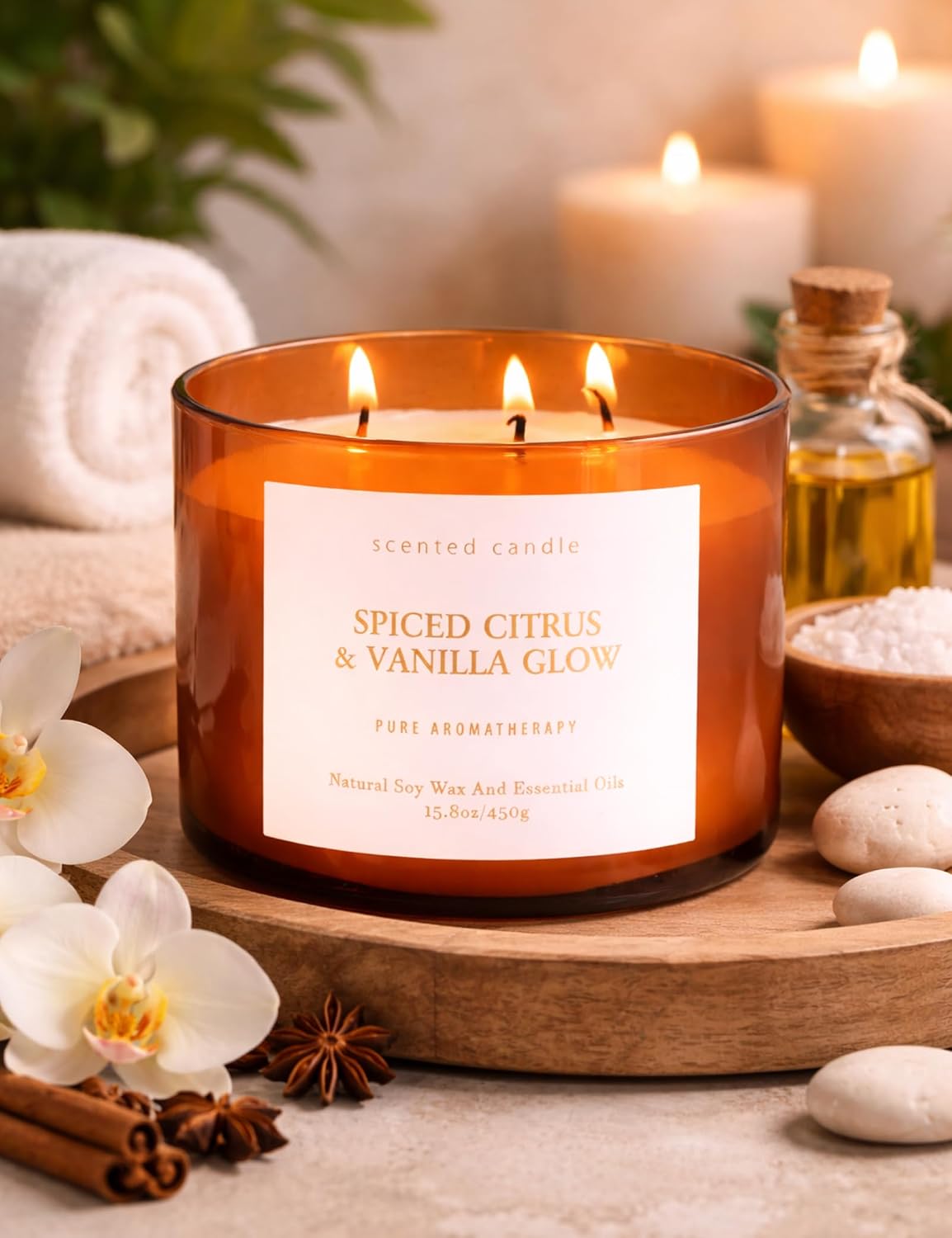 Spiced Citrus & Vanilla Glow Scented Candle | 3-Wick Large Soy Candle 15.8 oz | Highly Scented Cinnamon Aromatherapy Candle for Women & Men | Warm Cozy Home Scent | Clean Burn Long Lasting