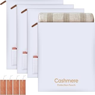 4 Pack Cashmere Storage Bags with 4 Cedar Blocks, Cotton Sweater Garment Storage Pouches with Natural Cedar for Odor Control, Closet Drawer Seasonal Clothing Organizer,17 x 13.5 Inch