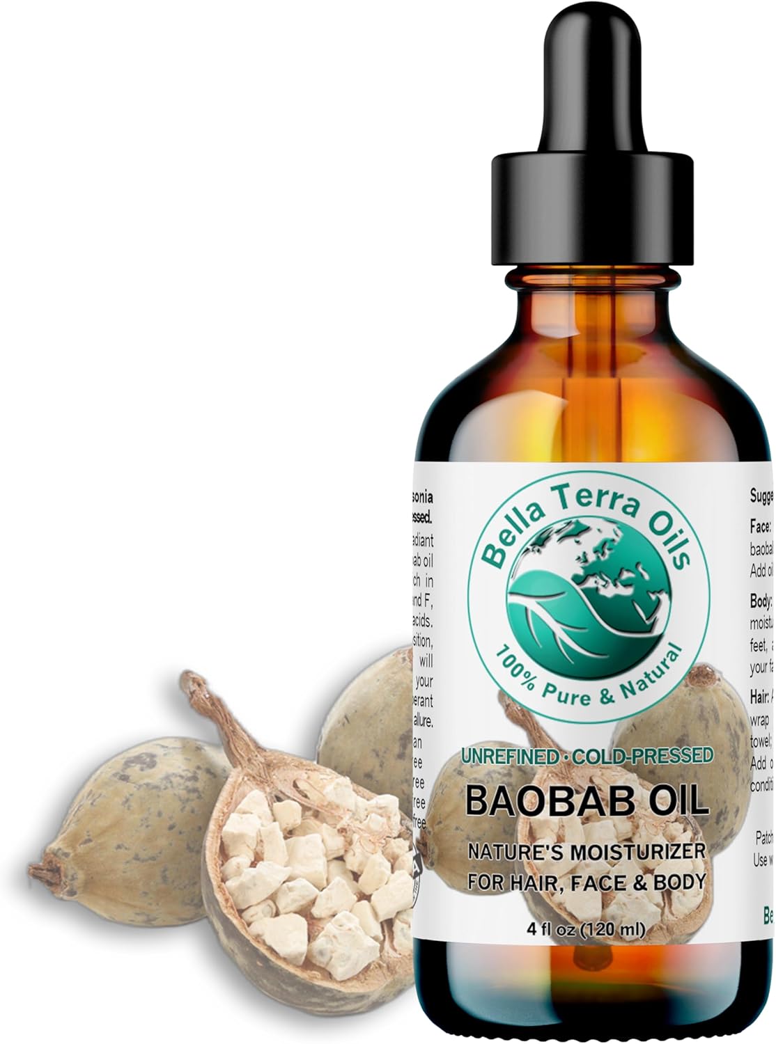 Bella Terra Oils - Baobab Oil 4 oz - Dive into the Essence of African Treasure, Abundant in Antioxidants, Best for Achieving a Silky Skin Glow