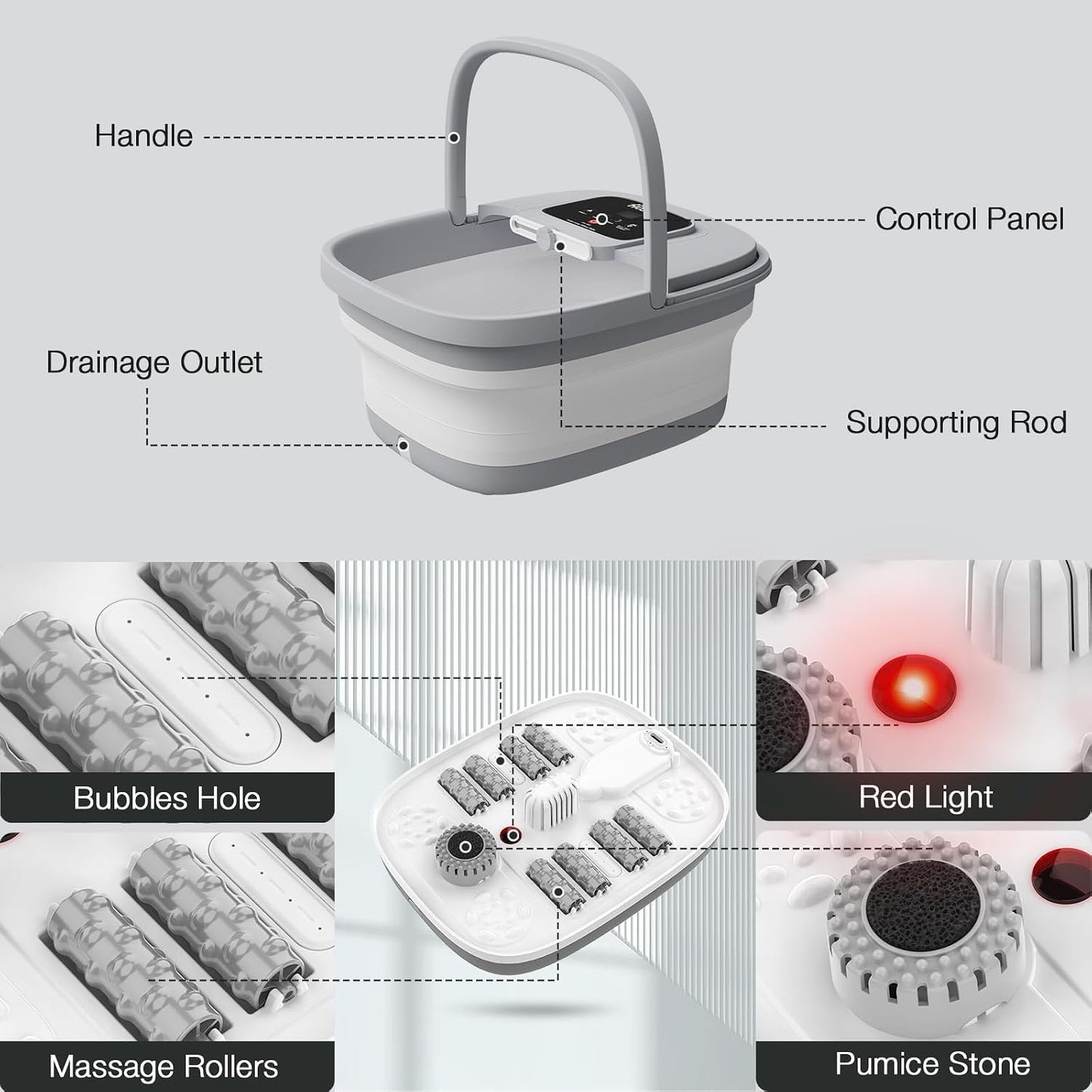 HOSPAN Collapsible Foot Spa with Heat, Bubble, Red Light, and Temperature Control, Foot Bath Massager with 8 Shiatsu Massage Rollers, Pedicure Foot Spa for Relaxation and Stress Relief