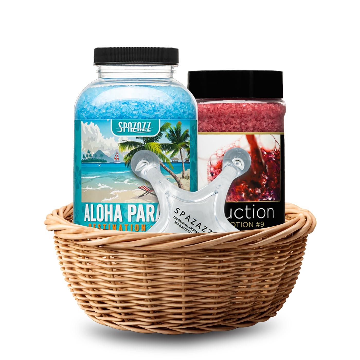 Spazazz Spa Aromatherapy Crystals for Hot Tub -Couples Gift for Love, Romance, Anniversaries -Love Potion #9 Seduction 17oz -Destinations Hawaii Aloha Paradise 22oz with 5 Point Full Body Massage Tool