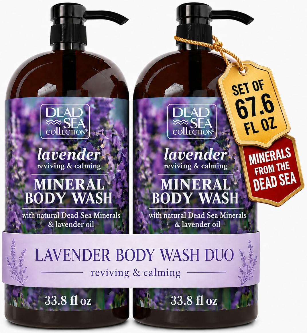 Dead Sea Collection Lavender Body Wash for Women and Men - with Pure Dead Sea Minerals and Lavender Oil - Gentle Cleanses and Moisturizes Skin - Pack of 2 (67.6 fl. oz)