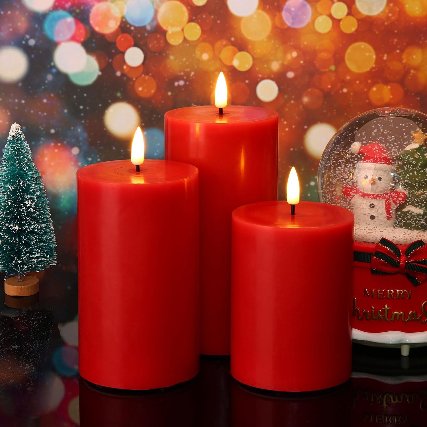 Eywamage Red Flameless Pillar Candles with Remote, Flickering Battery Operated LED Wax Candles Set of 3
