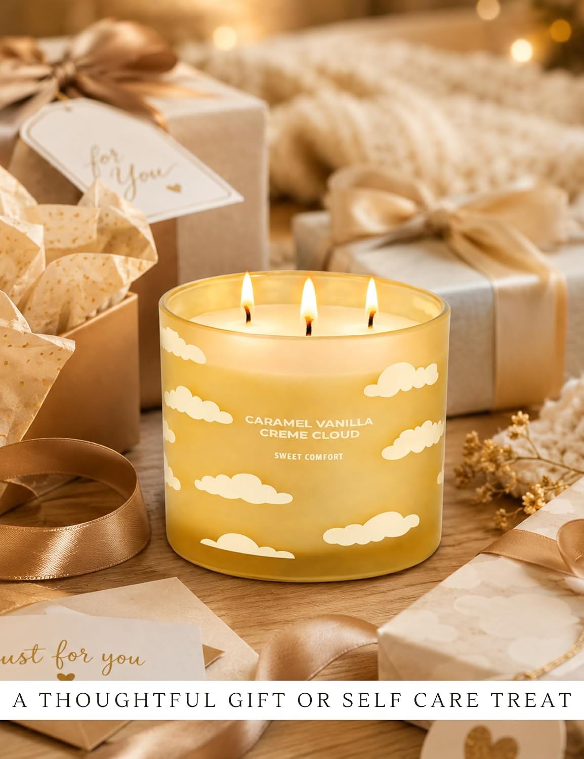 Caramel Vanilla Creme Scented Candle | Large 3 Wick Scented Soy Candle for Home | 14.5oz Warm Vanilla Caramel Candle | Creme Brulee Toffee Candles | Long Lasting Clean Burn | Gift for Women & Men