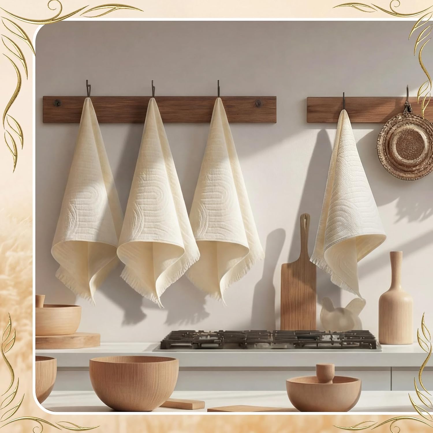 Tingjoo Decorative Hand Towels Bathroom 4 Pack Soft Boho Cotton Turkish Absorbent Face Towel Set for Boho Bathroom Decor Soft Kitchen Hotel Spa Farmhouse Guest Tea Gift(Beige)