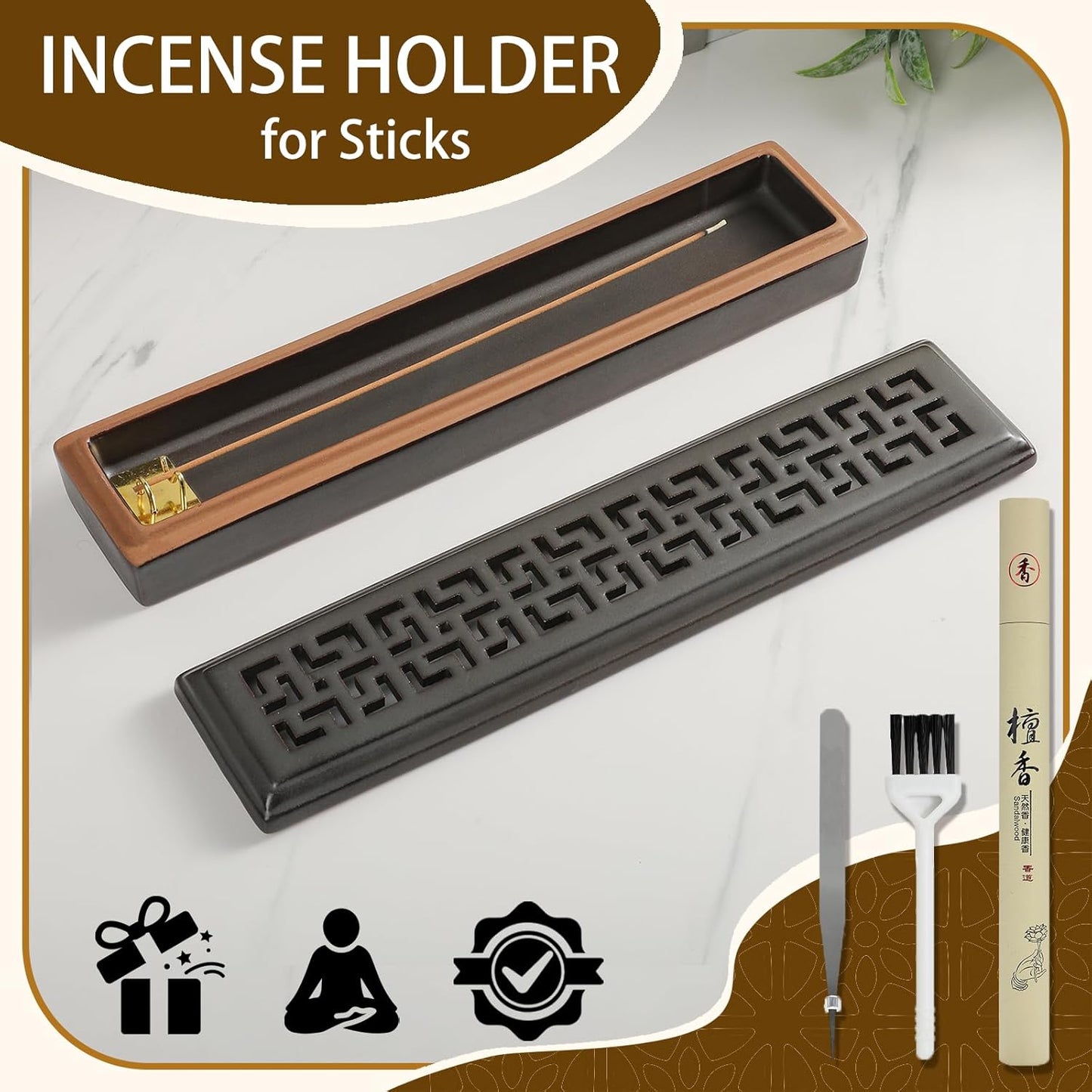 CEREMONY Incense Holder for Sticks, Ceramic Insence-Stick Holder Ash Catcher, Incense Holder Timkburner for Meditation Yoga Spa Room Incense Holder (Lever Brown)