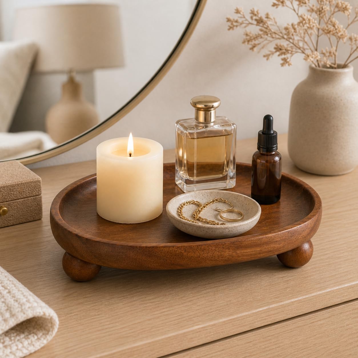 Candle Tray, Wooden Candle Holder with Ball Feet, Decorative Candle Plate Candlestick Holder, Rustic Soap Dish Jewelry Tray for Bathroom, Vanity, Coffee Table, Party, Wedding and Home Decor