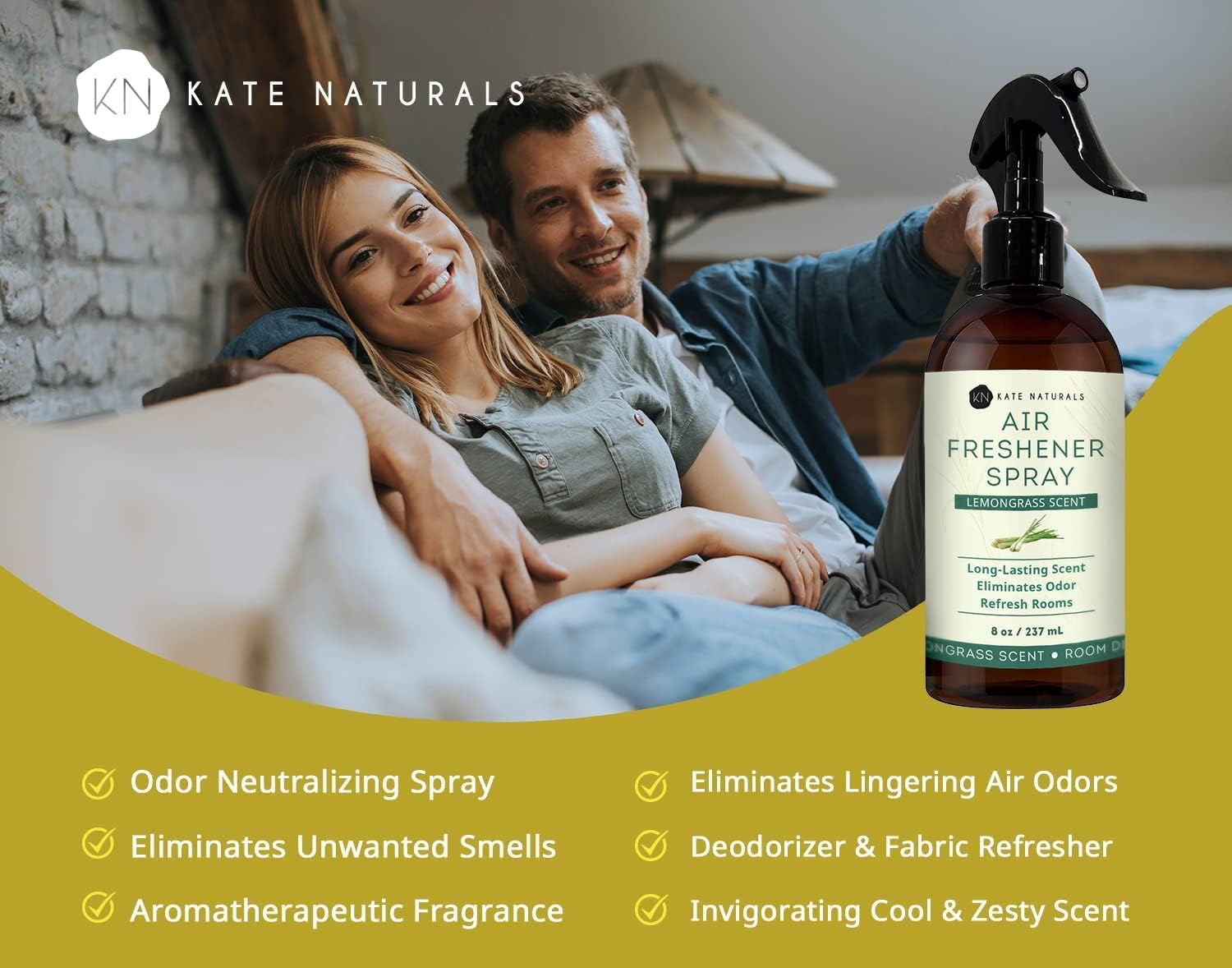 Kate Naturals Air Freshener Spray for Home. Lemongrass Essential Oil Odor Eliminator Room Freshener Spray for Pillows, Bedding, Linen (8 fl oz, Pet Safe, Non-Toxic)