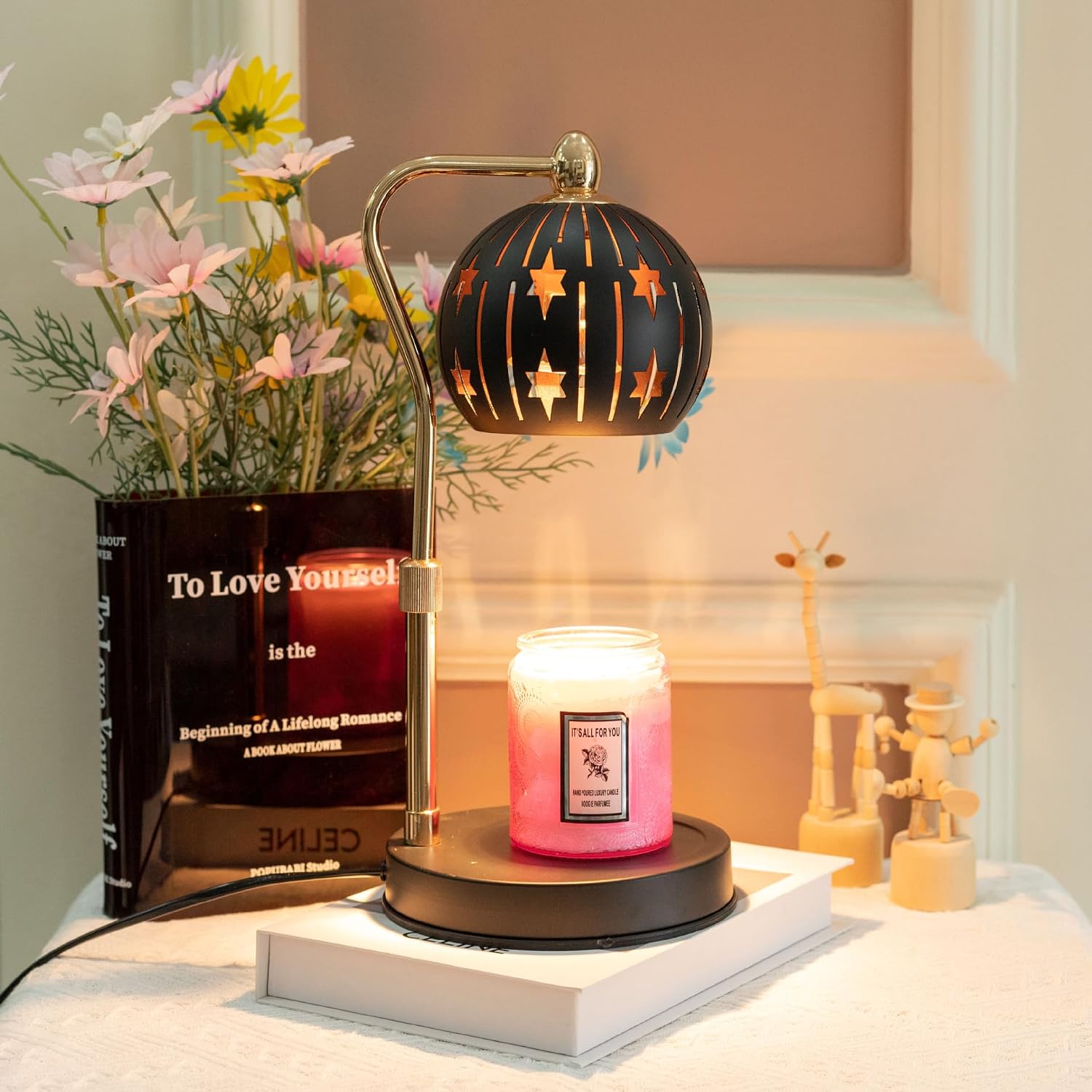 Electric Candle Warmer Lamp with Timer & Dimmer for Bedroom（Candle Not Included, Height Adjustable Candle Warmer with 2 Bulbs, Compatible with Many Sizes Candles, Warming Home Decor Gifts (Star)