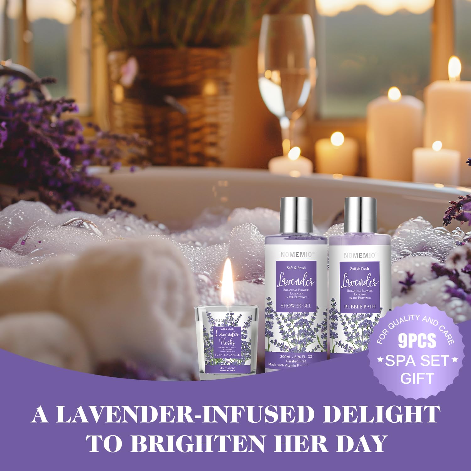 Mother's Day Gift, Spa Gift Basket for Women, 8pcs Lavender Spa Kit Set with Body Wash, Bubble Bath, Scrub, Bath & Beauty Skin Care Gift Sets, Christmas Gifts Set for Women, Her, Mom
