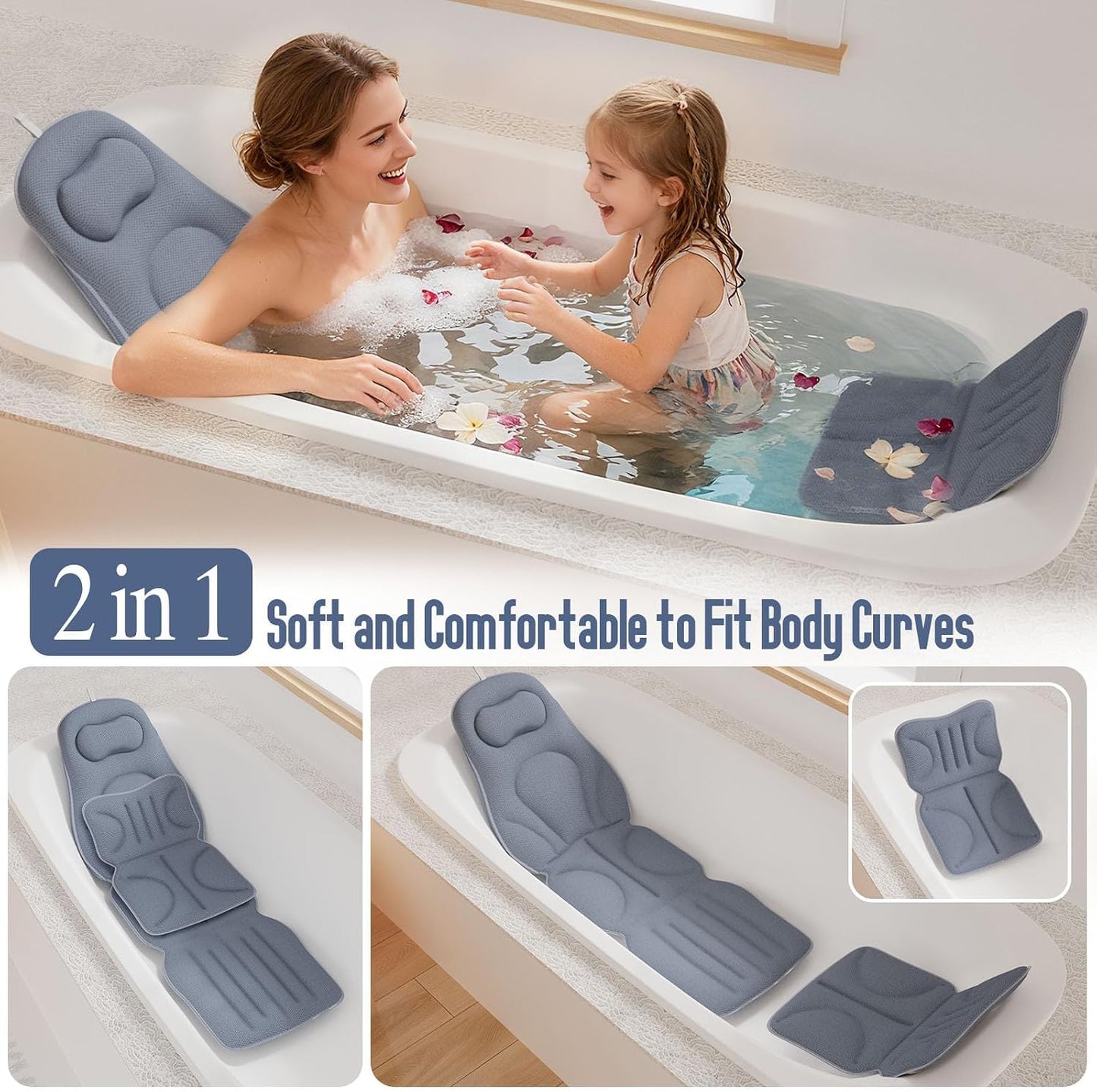 Luxury Full Body Bathtub Pillow 6D Air Mesh,Extra Long Bath Pillow for Tub Non Slip,Soft Relax Tub Pillow for Bath Head Neck Back Waist Support,Large Thick Spa Bathtub Cushion (Gray)
