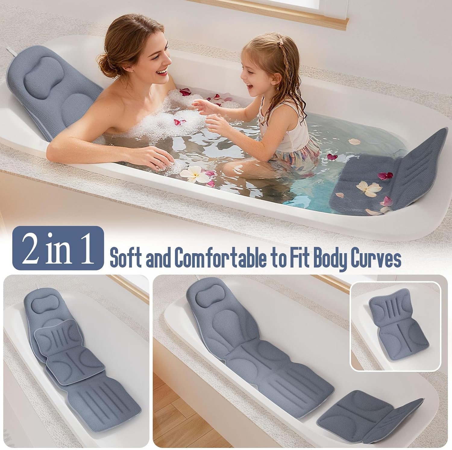 Luxury Full Body Bathtub Pillow 6D Air Mesh,Extra Long Bath Pillow for Tub Non Slip,Soft Relax Tub Pillow for Bath Head Neck Back Waist Support,Large Thick Spa Bathtub Cushion (Gray)