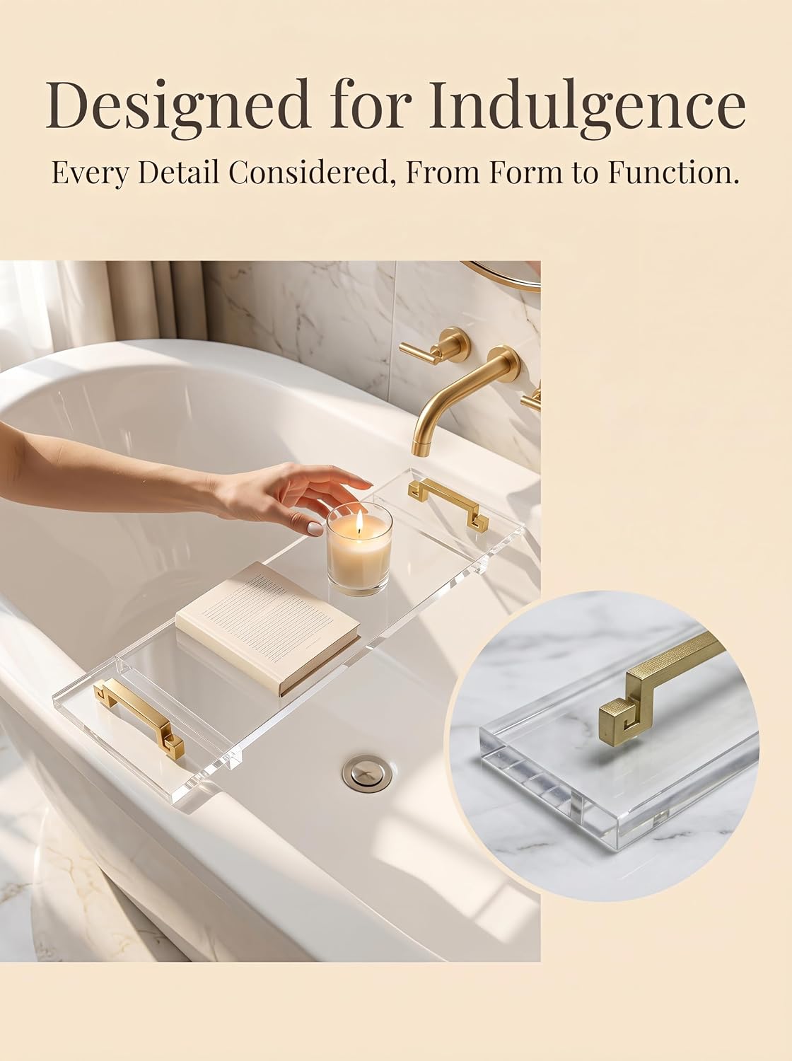 42 Inch Acrylic Bathtub Tray Caddy, Clear Thick Lucite Bath Tub Shelf with Gold Anti-Slip Support Brackets, Luxury Bathroom Spa Bathtub Organizer Tray