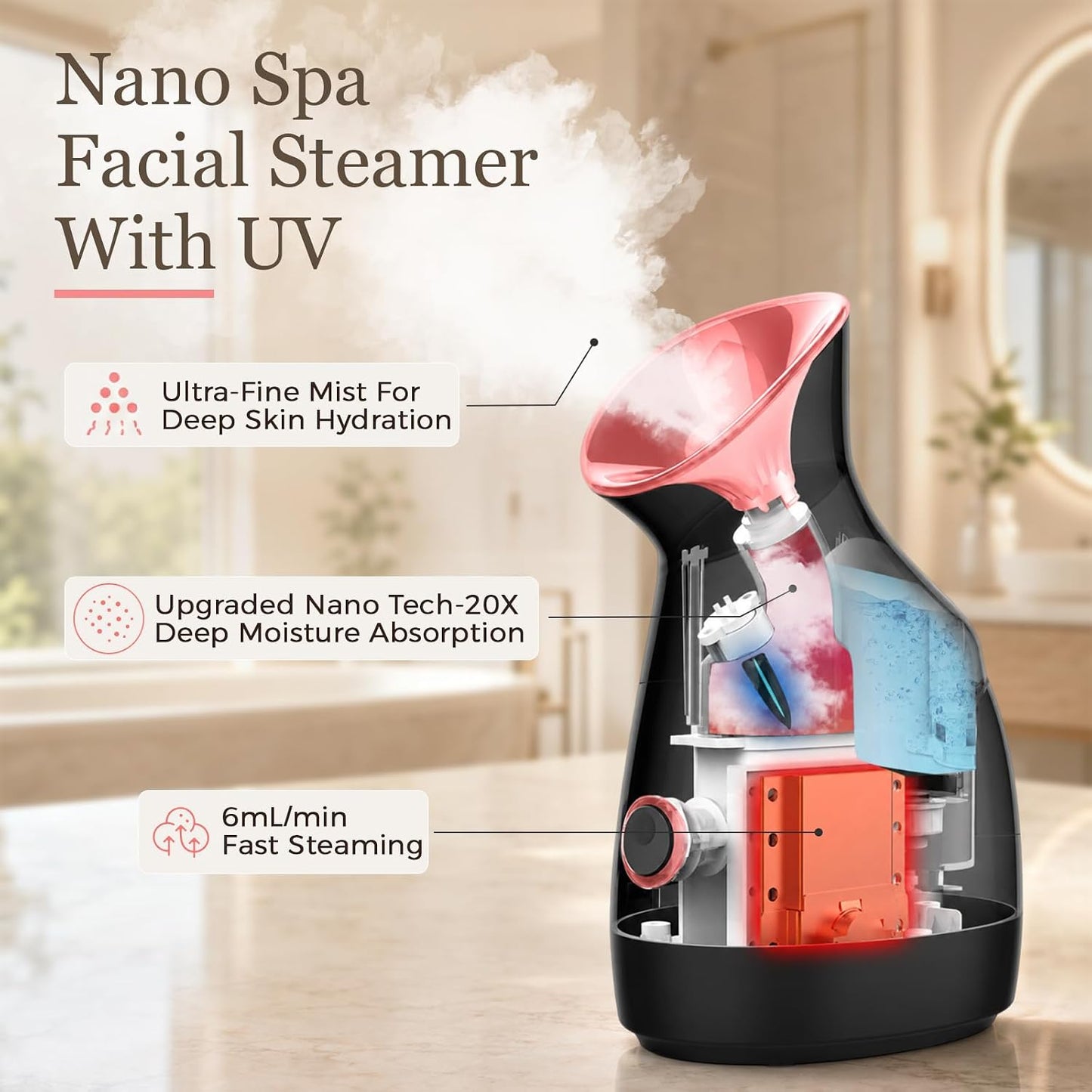 Facial Steamer Deep Cleaning Kit: Nano Ionic Face Steamer with 8 Skin Care Tools Home Spa Clean Refresh Repair for Unclogging Pores & Sinuses - Self Care Gifts for Women (Black Rose Gold)