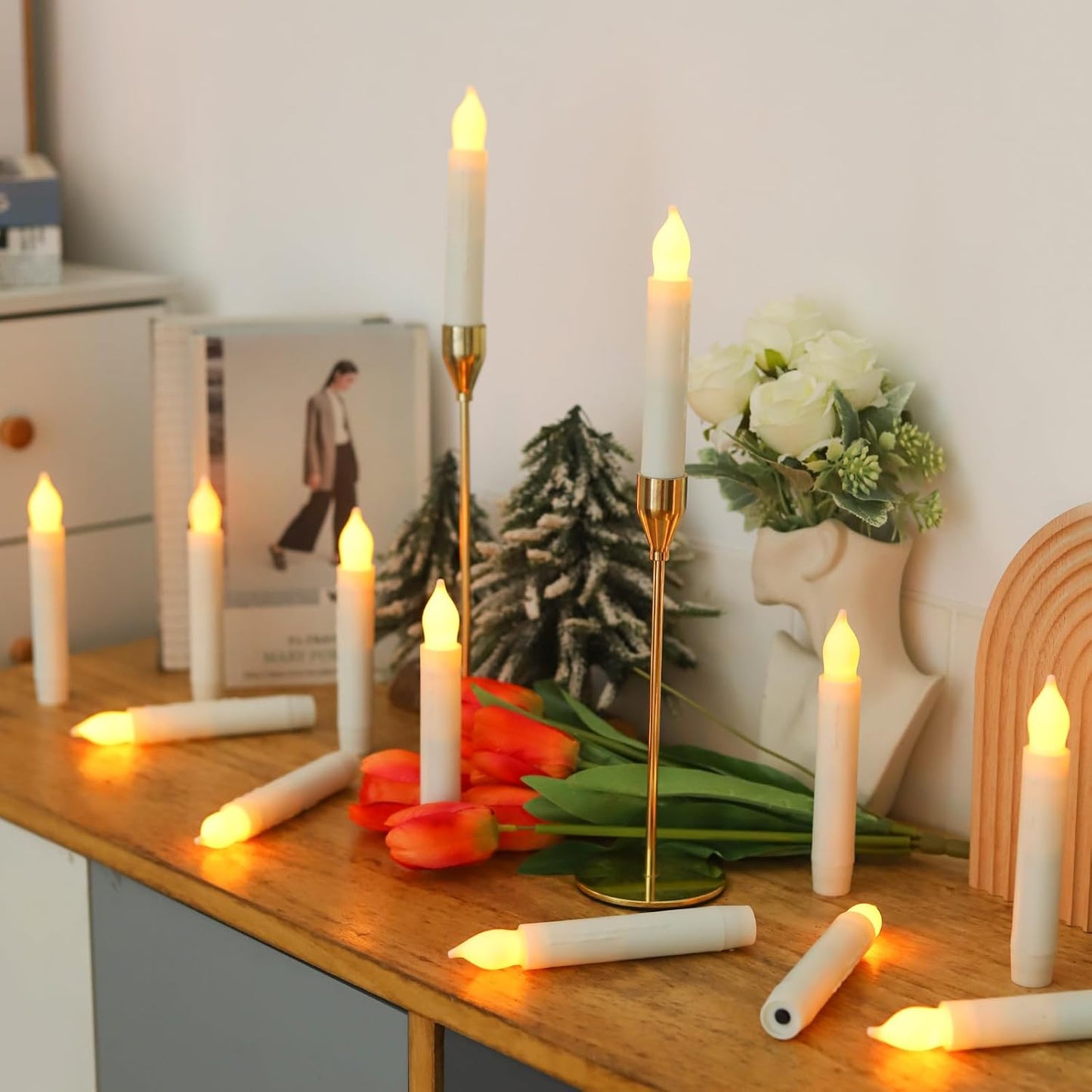 MUMCHASI 24 Packs Flameless Taper Candles Battery Operated Candlestickes Electric LED Candles Flickering Christmas Candlesticks Warm Yellow Light Party Home Decor H: 6 inches No Remote
