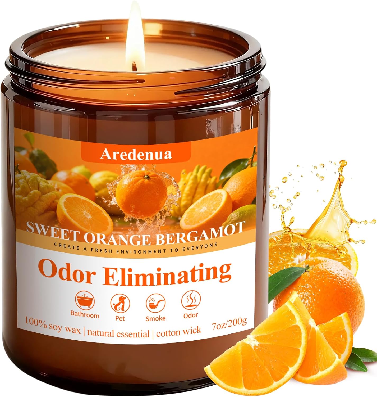 Sweet Orange Bergamot Odor Eliminating Candle | Eliminates 95% of Pet, Smoke, Food & Other Smells – Fresh Air Scented Candle Gentle for Family - Up to 50 Hour Burn time - 7 Oz Natural Soy Wax