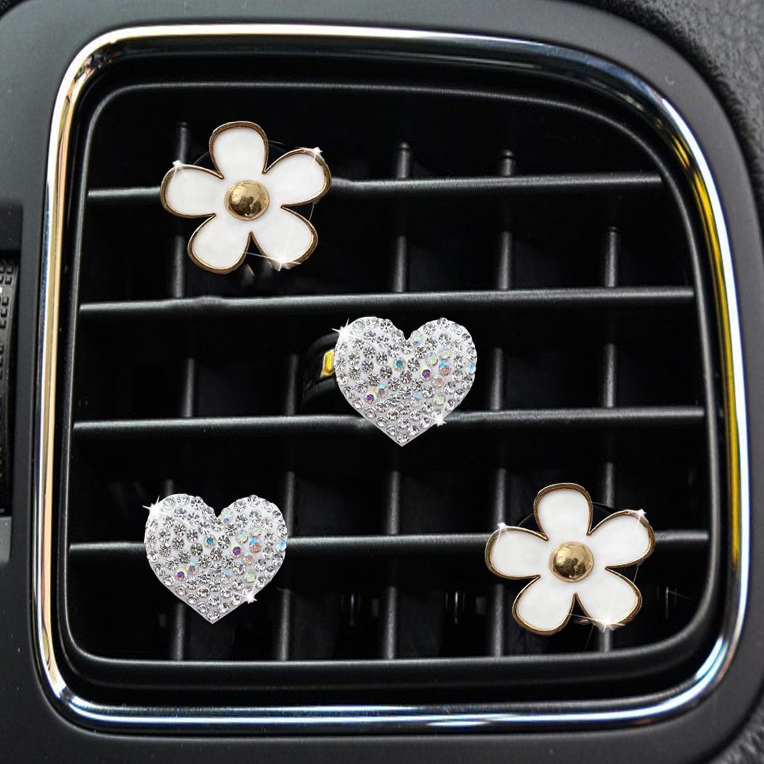 4PCS Car Air Vent Clips with Fragrance Pads, Cute Flower Car Air Fresheners Vents Clips Diamond Vent Clip Auto Interior Decor Charm Bling Auto Accessories Decoration for Women (White)