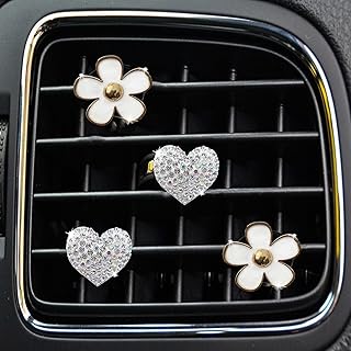 4PCS Car Air Vent Clips with Fragrance Pads, Cute Flower Car Air Fresheners Vents Clips Diamond Vent Clip Auto Interior Decor Charm Bling Auto Accessories Decoration for Women (White)
