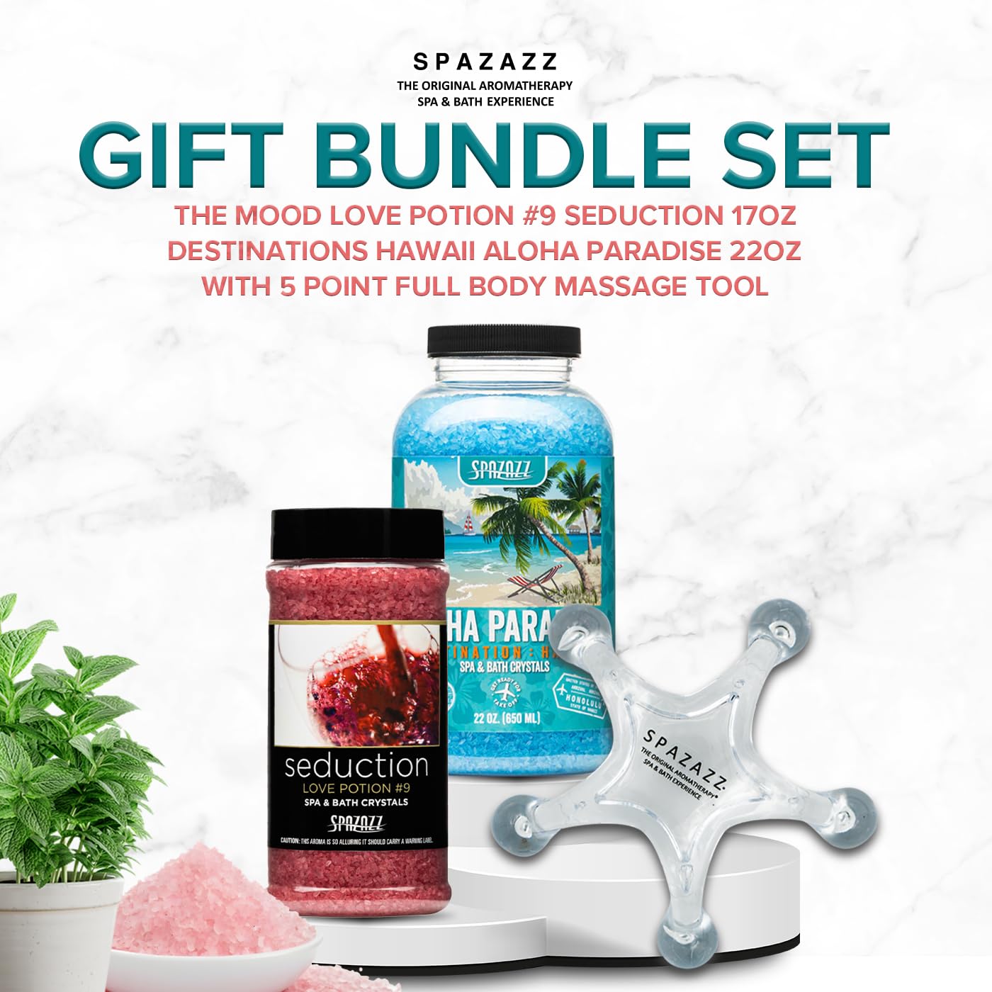 Spazazz Spa Aromatherapy Crystals for Hot Tub -Couples Gift for Love, Romance, Anniversaries -Love Potion #9 Seduction 17oz -Destinations Hawaii Aloha Paradise 22oz with 5 Point Full Body Massage Tool