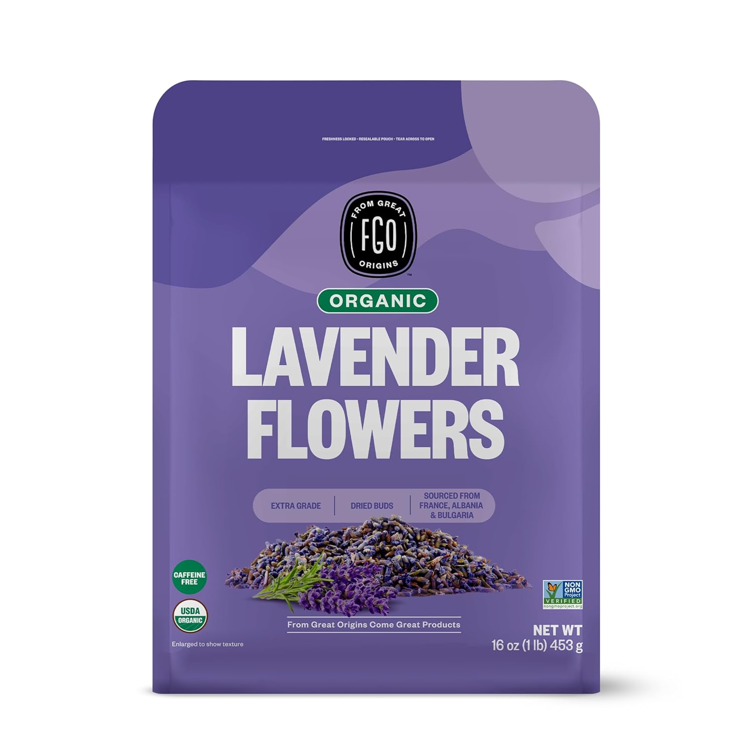 FGO Organic Dried Lavender Flowers, Extra Grade Dried Buds, Imported From France for Culinary or Sachet Bags, 16oz Bulk, Packaging May Vary (Pack of 1)