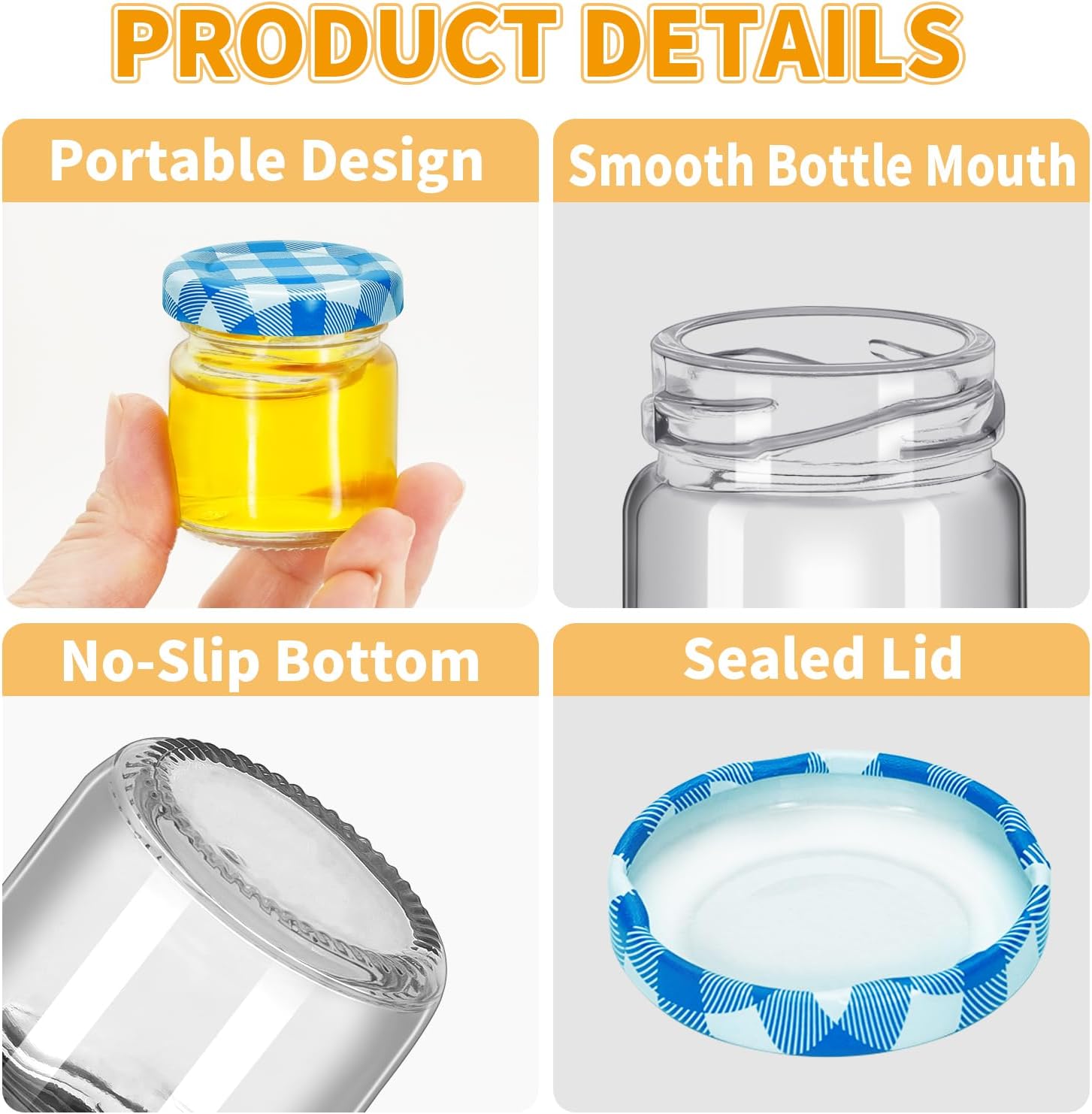 20Pack 1.5 oz Round Mini Clear Honey Jars for Wedding Favor, Baby Shower,45ml Small Glass Favor with Airtight Lids, Gift Jars, Sample Body Butter, Jam, Spices, Herbs, Candy, Candle (Blue grid lid)