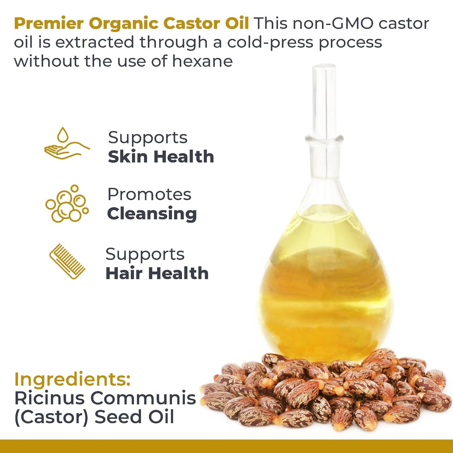 Premier Research Labs Organic Castor Oil for Face - Cold Pressed 100% Pure Castor Oil for Hair Growth, Skin & Body, Hexane Free - 8 Oz Bottle