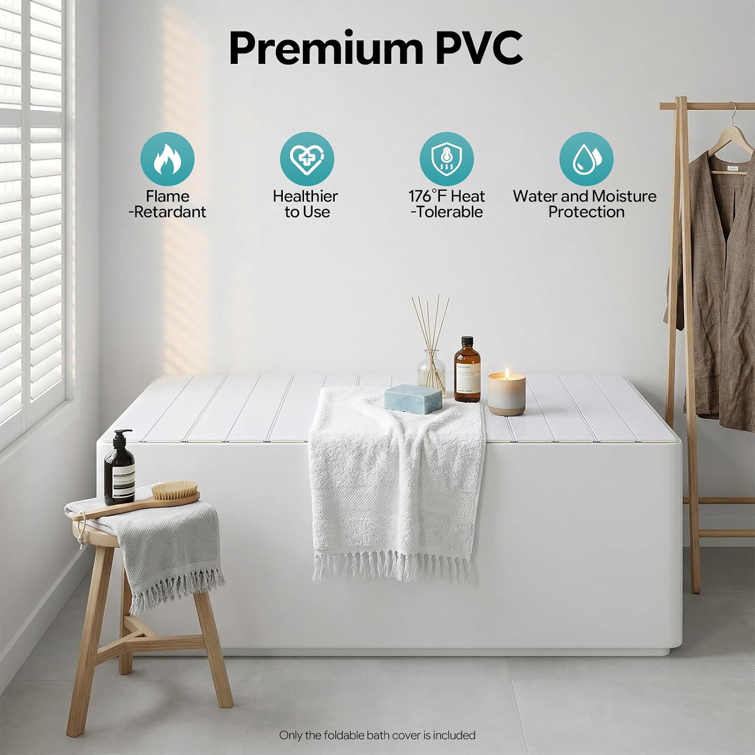 Bathtub Cover, Folding Dust Board Bathtub Insulation Cover Freestanding Tub Covers PVC Shutter Bath Lid Plate Fits Most Tubs for Bathroom Shower (62.99 * 31.50 * 0.26 in)
