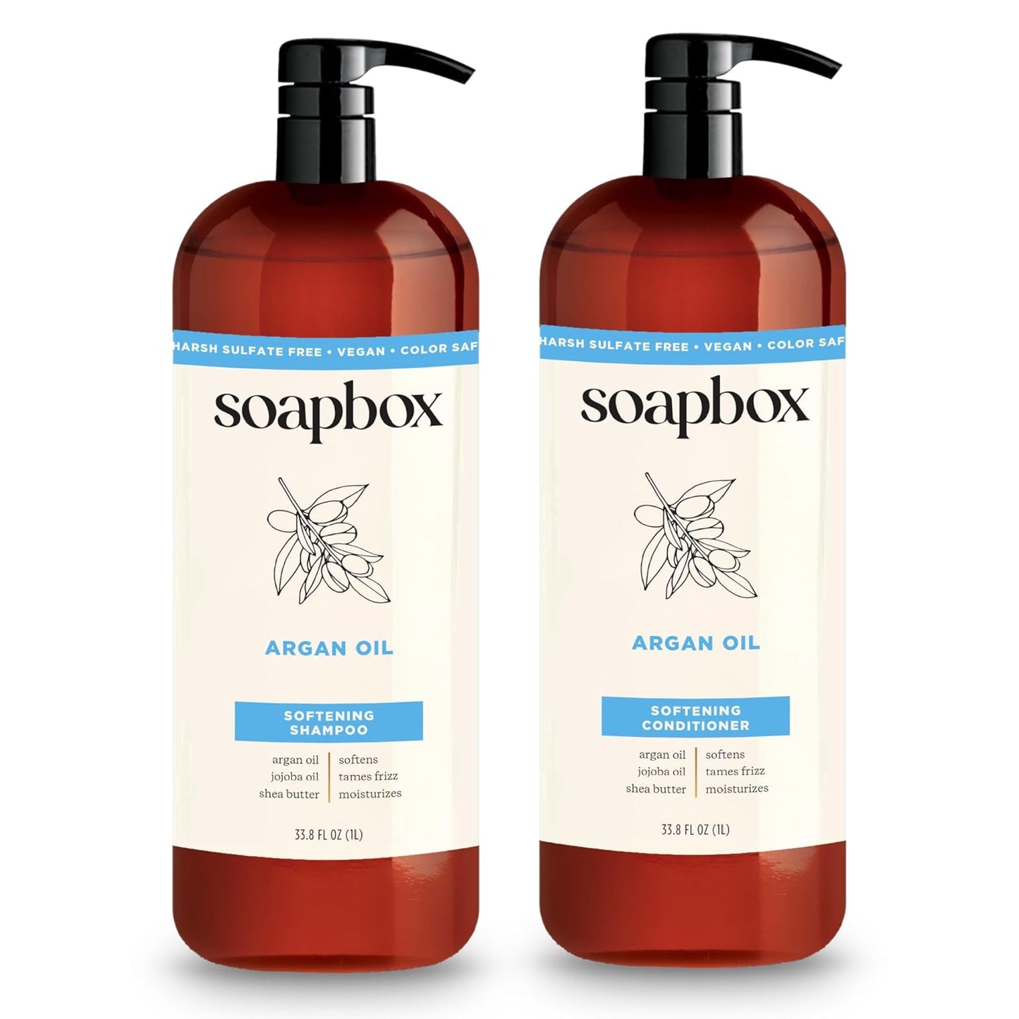 Soapbox Argan Oil & Vanilla Shampoo & Conditioner Set, Leaves Hair Smooth & Controls Frizz - Clean Ingredients Free of Harsh Chemicals, Sulfates, Parabens & Silicones - 1 Liter Each