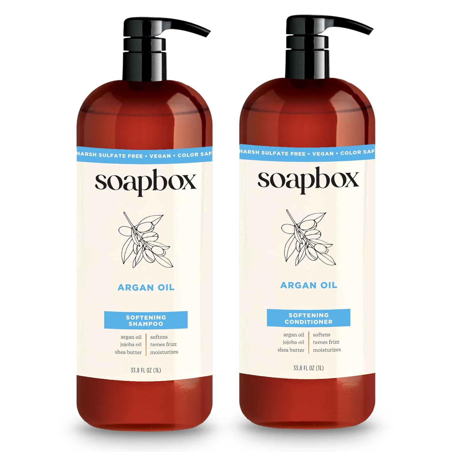 Soapbox Argan Oil & Vanilla Shampoo & Conditioner Set, Leaves Hair Smooth & Controls Frizz - Clean Ingredients Free of Harsh Chemicals, Sulfates, Parabens & Silicones - 1 Liter Each