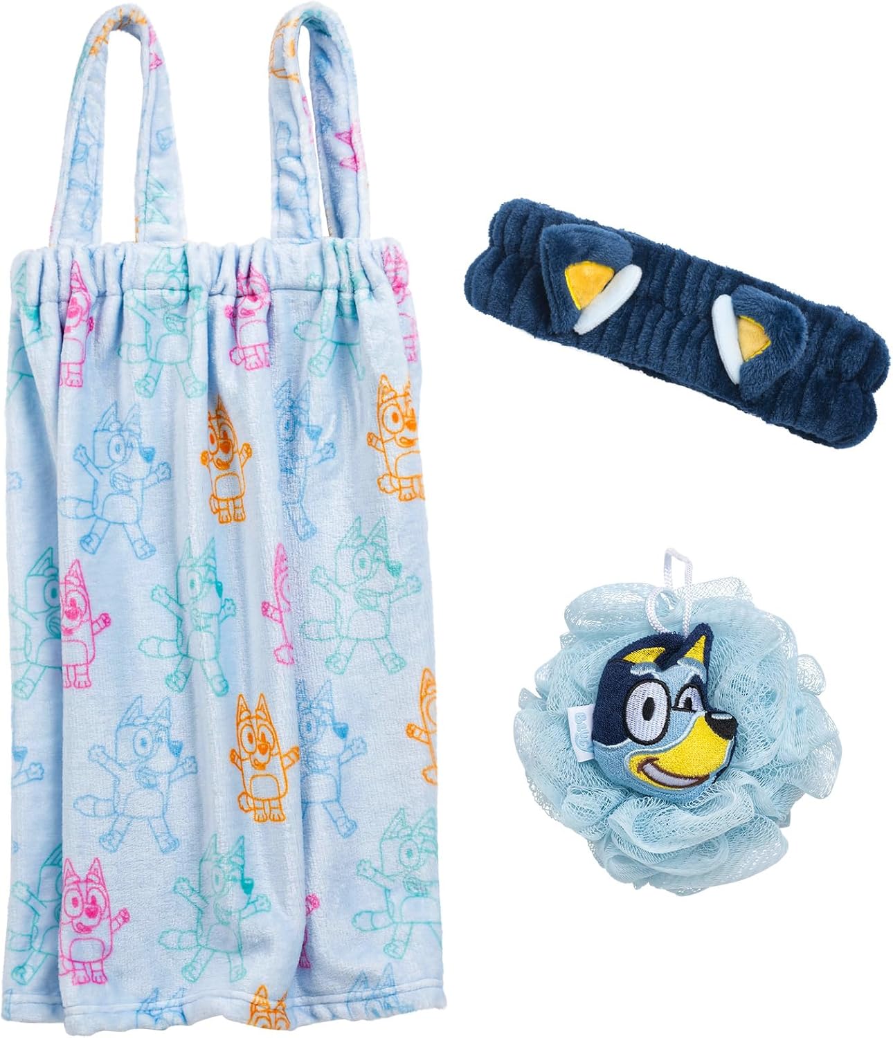 Jay Franco Bluey 3 Piece Spa & Bath Set - Includes Towel Wrap, Loofah & Spa Headband - Kids Bath & Shower Accessories