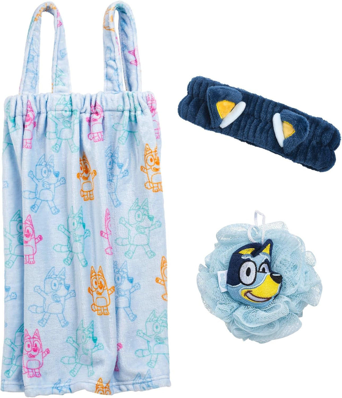Jay Franco Bluey 3 Piece Spa &amp; Bath Set - Includes Towel Wrap, Loofah &amp; Spa Headband - Kids Bath &amp; Shower Accessories