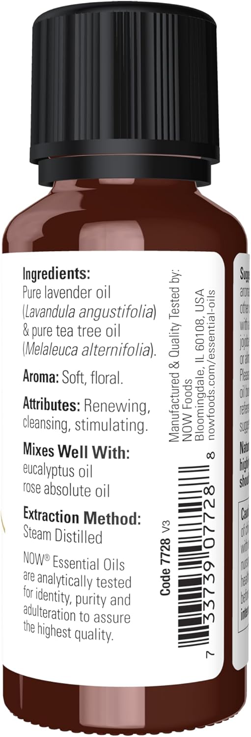NOW Essential Oils, Lavender & Tea Tree Oil, Stimulating Aromatherapy Scent, Blend of Pure Lavender Oil and Pure Tea Tree Oil, Vegan, Child Resistant Cap, 1-Ounce